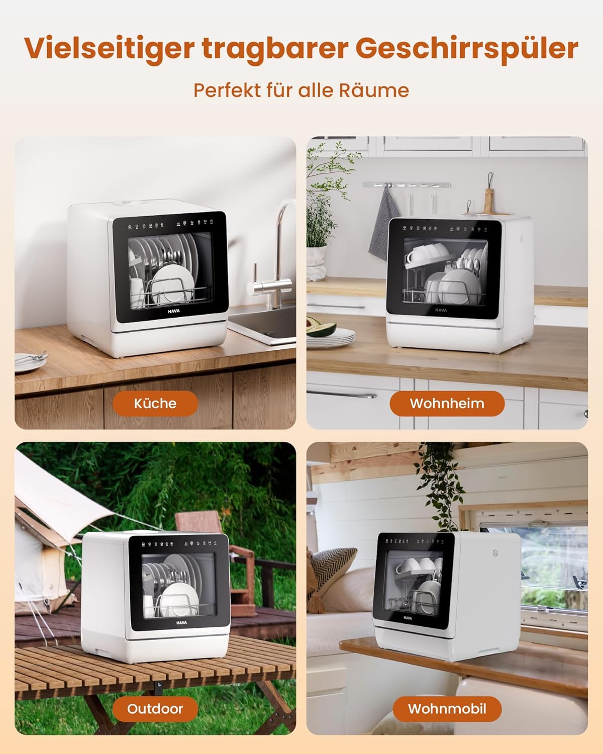 HAVA mini lave vaisselle, nouveau modèle amélioré 2024, 8 programmes de lavage, lave-vaisselle portable avec sécurité enfant et fonction de démarrage différé, réservoir d'eau de 5 L