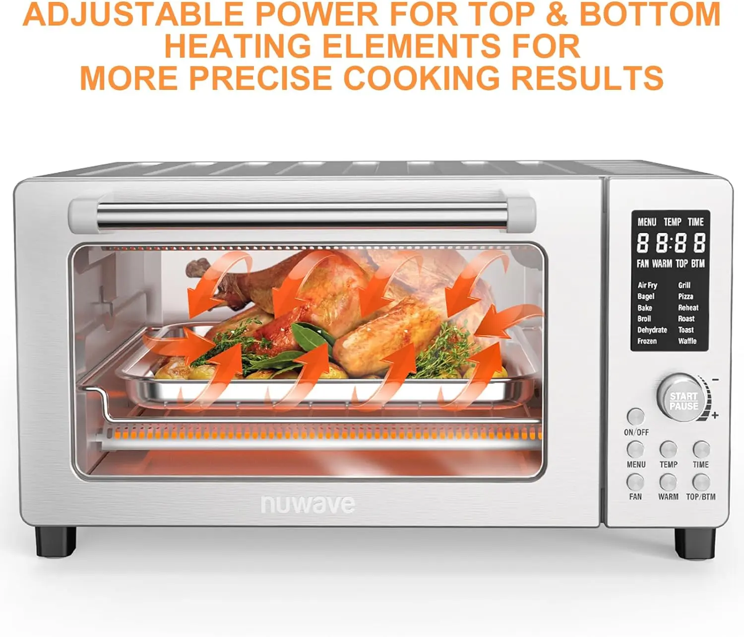 Nuwave Bravo 12-in-1 Air Fryer Toaster Oven Combo, Airfryer Convection Oven Countertop, 1800 Watts, 21-Qt Capacity, 50°-450°F Temp Controls, 65 Recipes & 4 Accessories, Silver- Stainless Steel