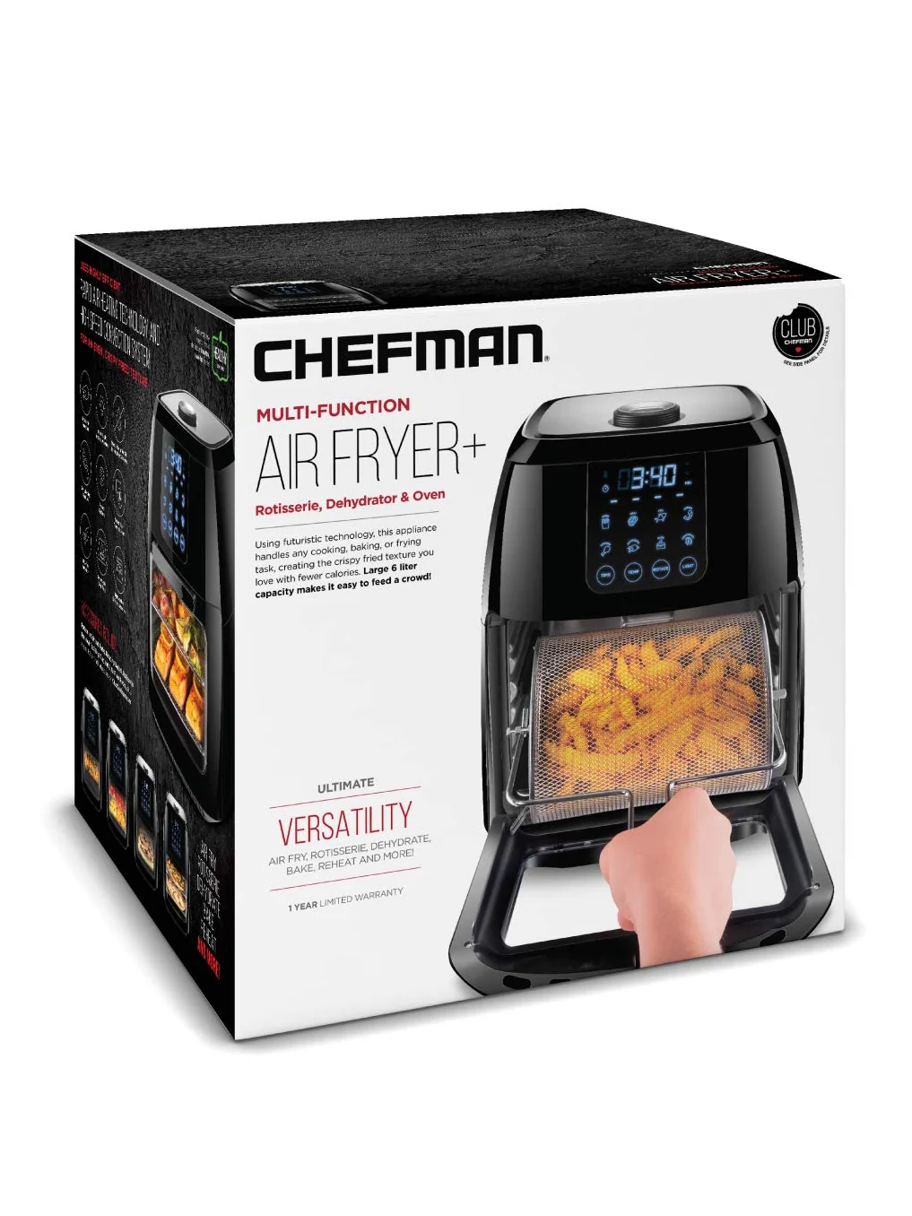CHEFMAN Multifunctional Digital Air Fryer+ Rotisserie, Dehydrator, Convection Oven, 17 Touch Screen Presets Fry, Roast, Dehydrate, Bake, XL 10L Family Size, Auto Shutoff, Large Easy-View Window, Black