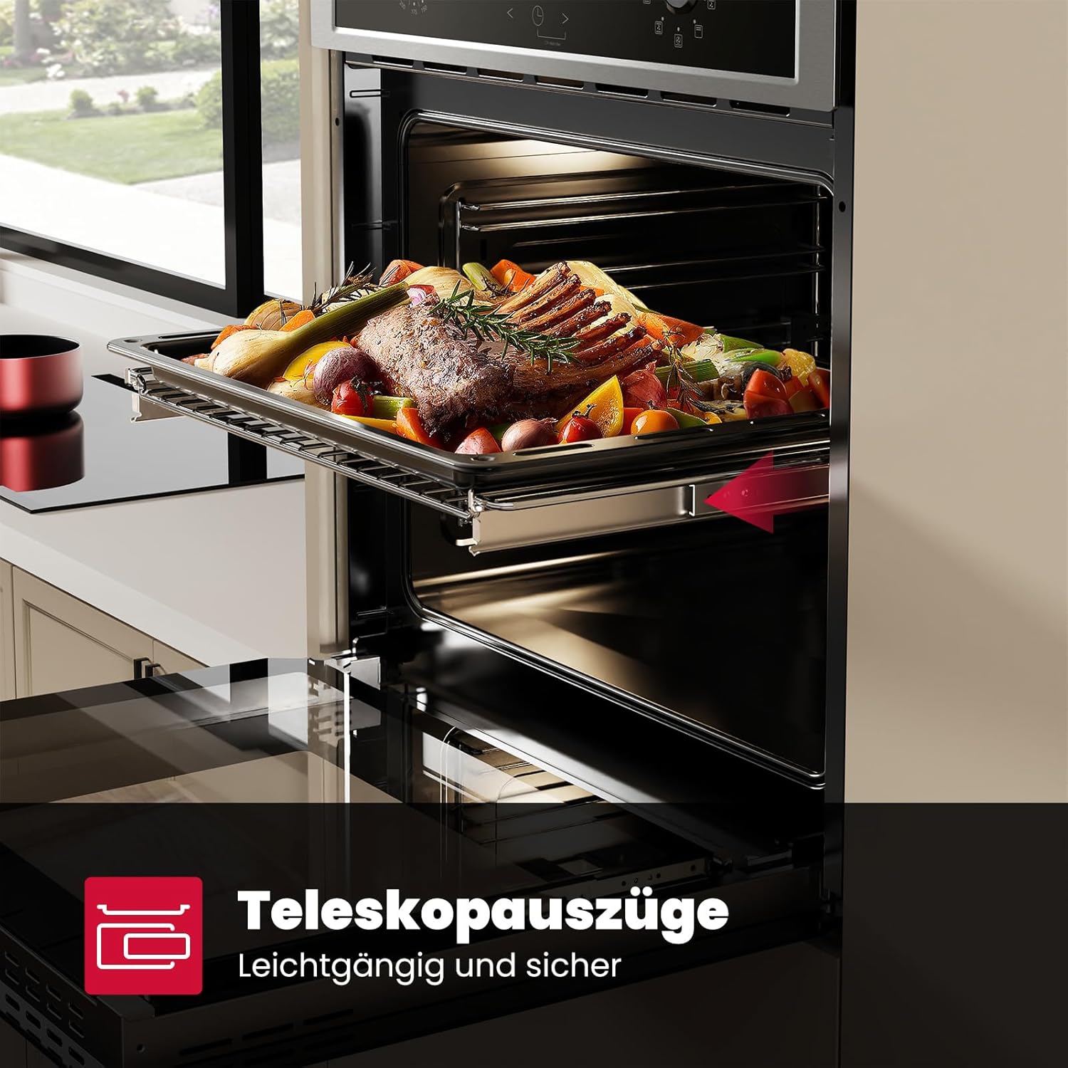 GASLAND ES609321DSH Four à encastrer, 70L, autarcique, four électrique avec 9 fonctions four, triple vitrage, tiroir télescopique et sélecteur rotatif escamotable, air chaud, inox, sécurité enfant