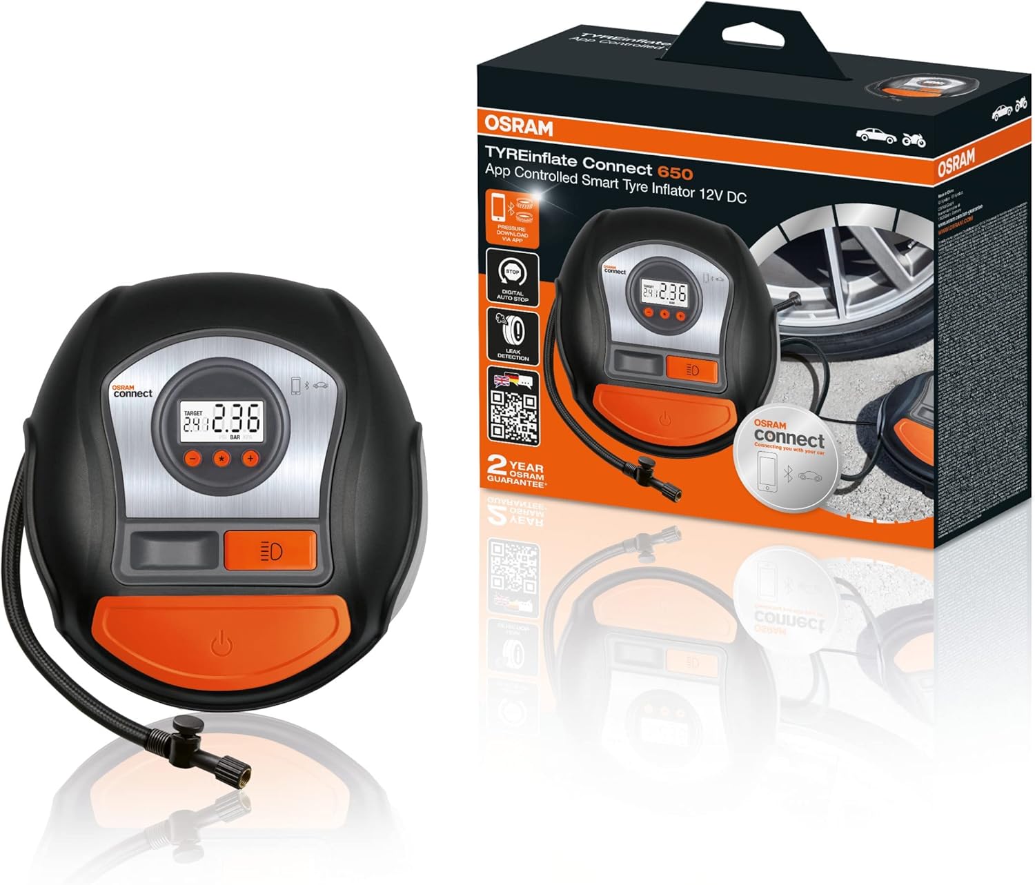 OSRAM TYREinflate Connect 650, compresseur de pneu numérique avec arrêt automatique et lumière LED, compresseur portable 12V pour pneus de voiture, connexion électrique via allume-cigare