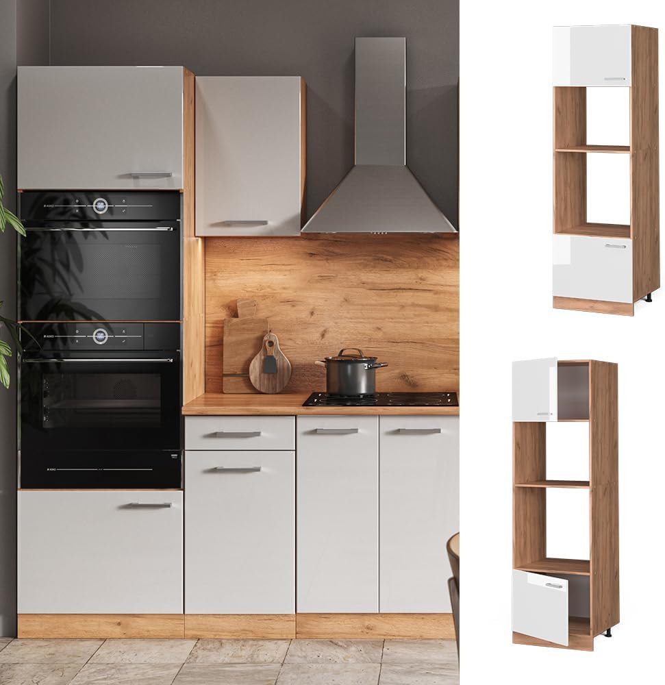 Vicco Armoire Micro-Ondes R-Line, Blanc Haute Brillance/Chêne de Force doré, 60 cm