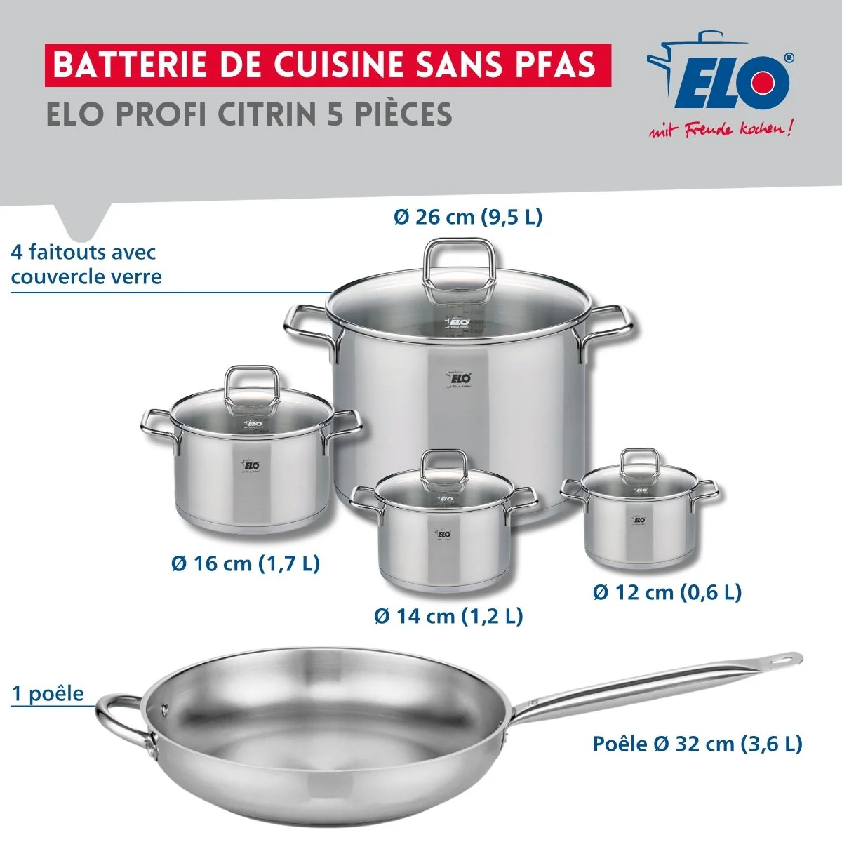 Set de 1 Poêle de cuisson 32 cm et 4 faitouts 12, 14, 16 et 26 cm Elo Profi Citrin Elo