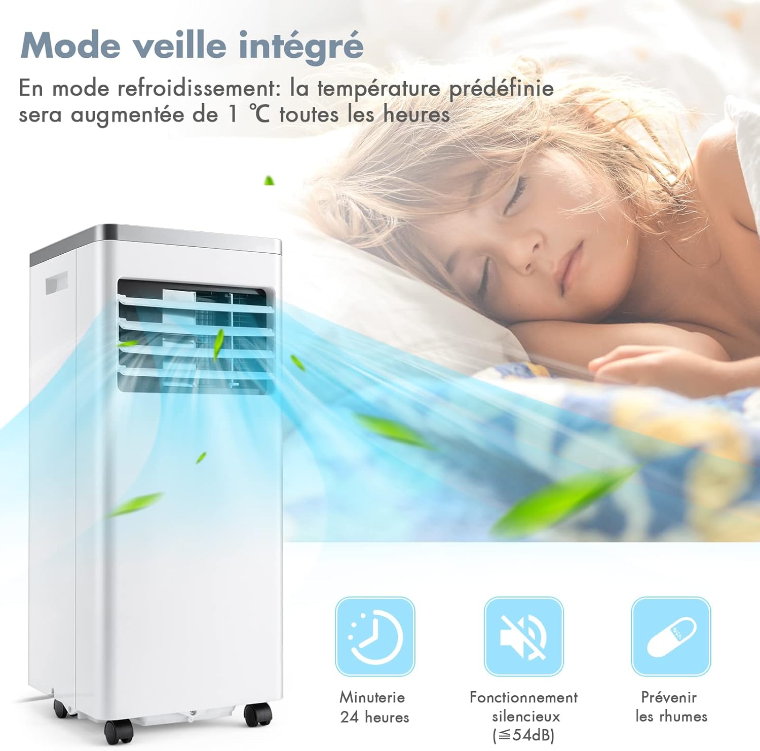 RELAX4LIFE Climatiseur Mobile Silencieux 9000BTU, Climatiseur Portable 4 en 1, Refroidisseur d'Air, Ventilateur, Déshumidificateur, Mode Nuit, 15-20㎡, Télécommande, Minuterie 24H, Classe Energie A