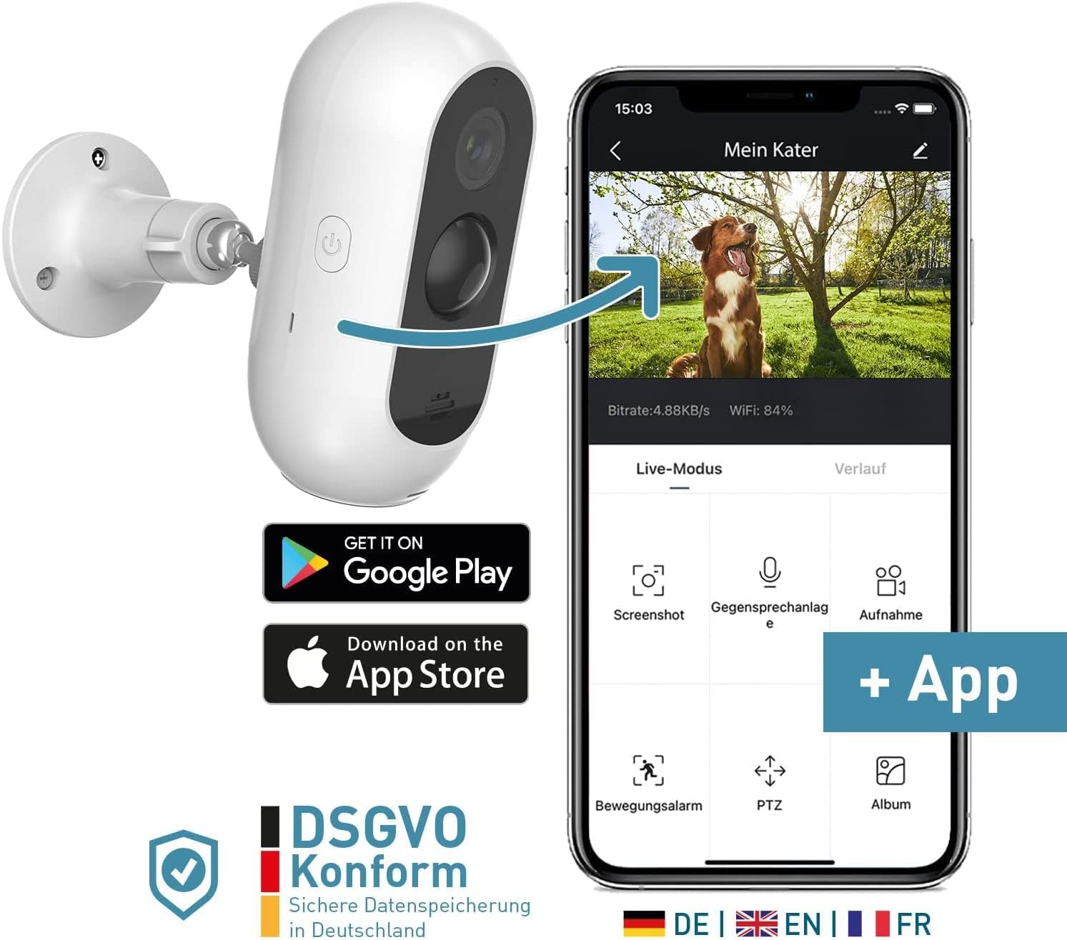 PetTec Cam Free Lot de 2 caméras sans fil pour animaux de compagnie avec application [sans piège à abonnement] – Caméra pour chats et chiens intérieur/extérieur – Détection de mouvement et fonction