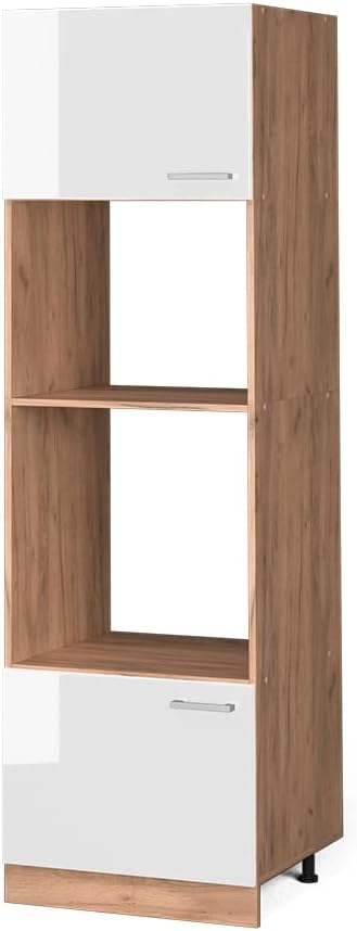 Vicco Armoire Micro-Ondes R-Line, Blanc Haute Brillance/Chêne de Force doré, 60 cm