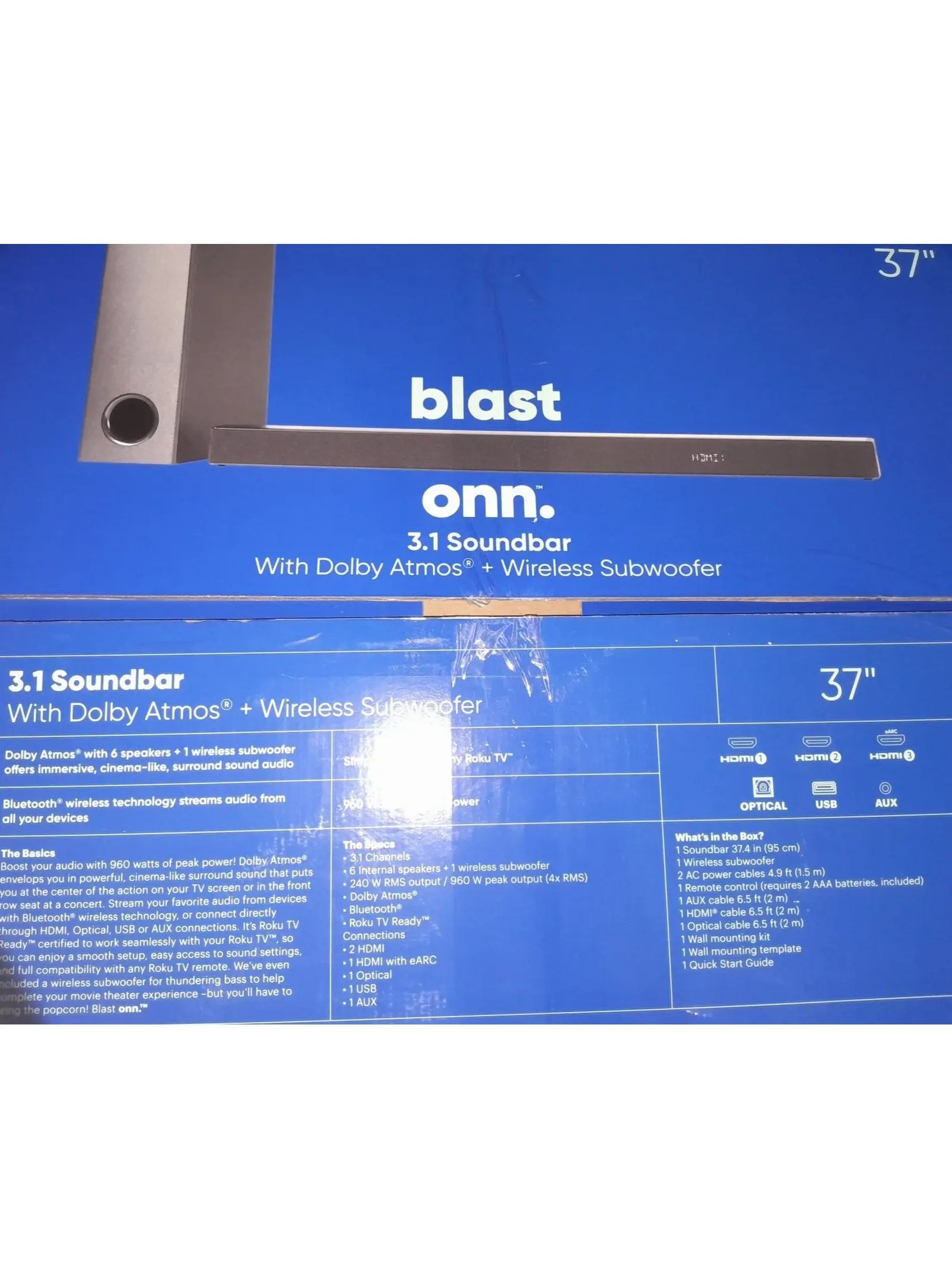 onn. TB523DW3 3.1 Soundbar with 6 speakers, Dolby Atmos, Wireless Subwoofer, cinema- like, 37