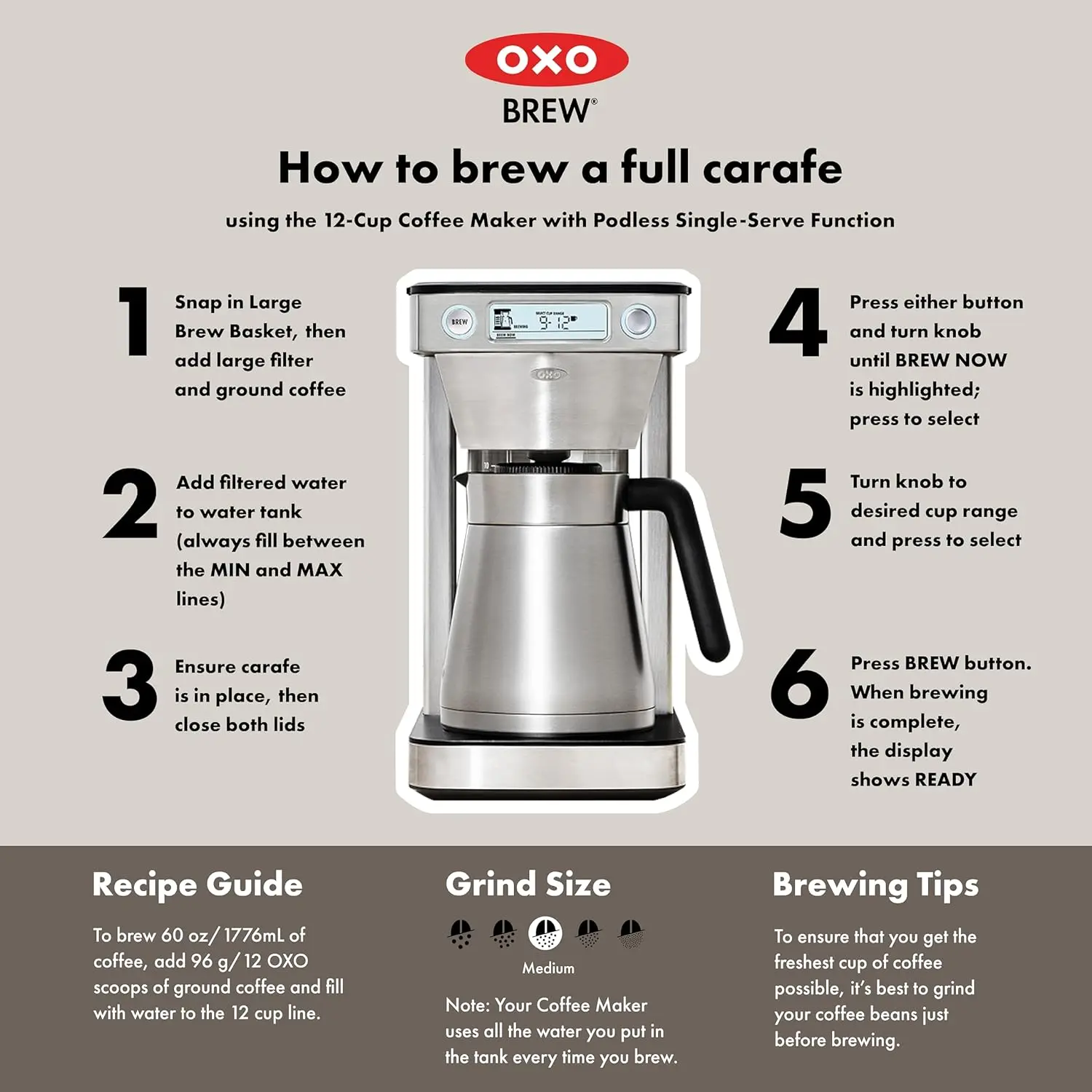 OXO Brew 12-Cup Coffee Maker With Podless Single-Serve Function,Silver