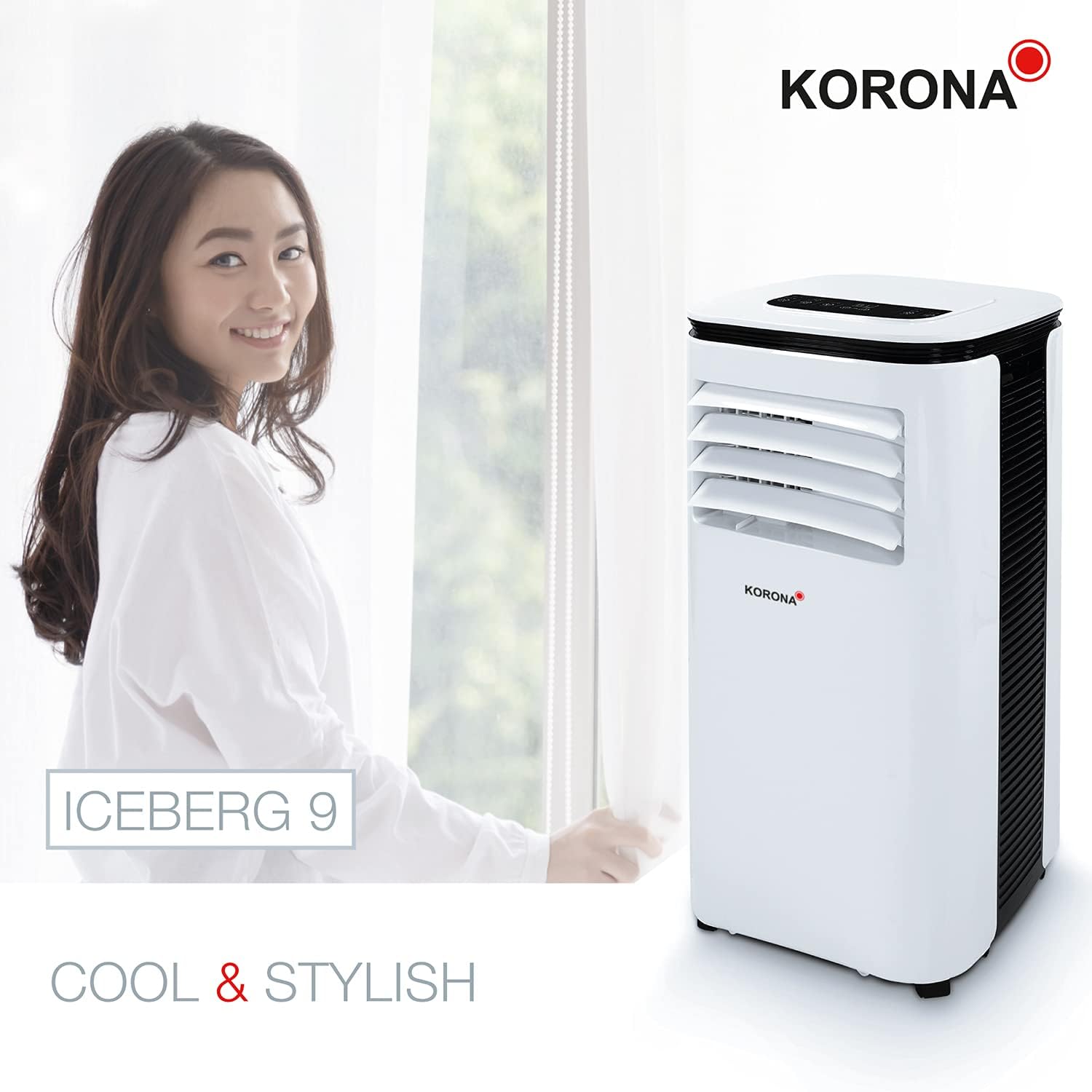 Korona 82001 Climatiseur mobile Iceberg 9.0 ECO | 9000 BTU/h | Monobloc 3en1 - Refroidisseur, déshumidificateur, ventilateur | Avec tuyau d'évacuation d'air pour la fenêtre | Pièces jusqu'à 34 m²