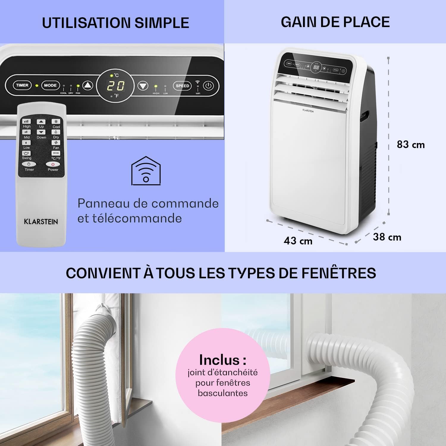 Klarstein Climatiseur Mobile Silencieux, Smart Climatiseur 4 en 1, Mode Nuit, Déshumidificateur, Ventilateur, Mini Climatisation à Faible Conso, Evacuation, Clim Portable de 9000 BTU, Climatiseurs
