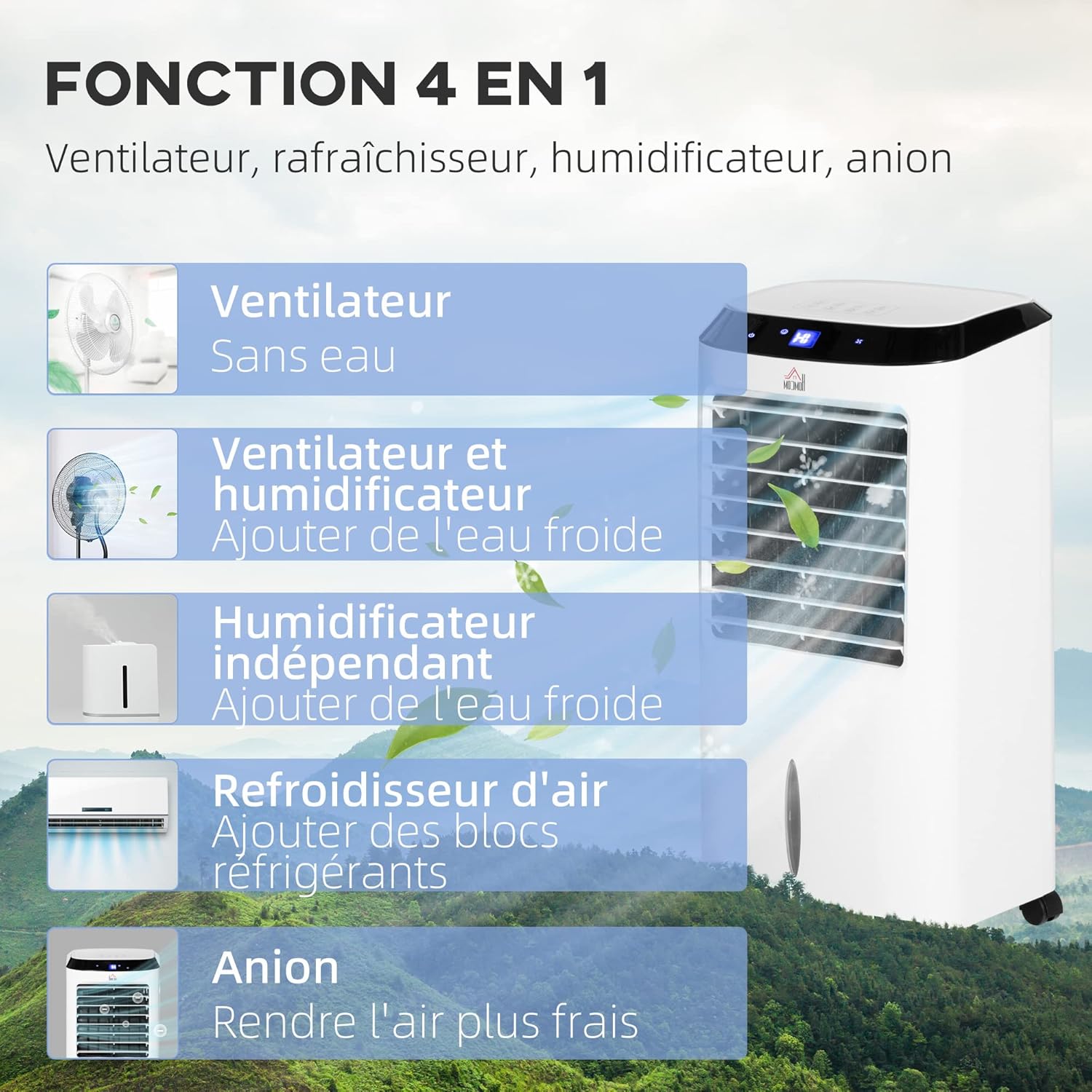HOMCOM Climatiseur rafraîchisseur d'air mobile ventilateur ioniseur 4 en 1 avec télécommande - portable silencieux oscillant 60W - capacité max. réservoir 10L - idéal pièces 20 m² max. - blanc noir