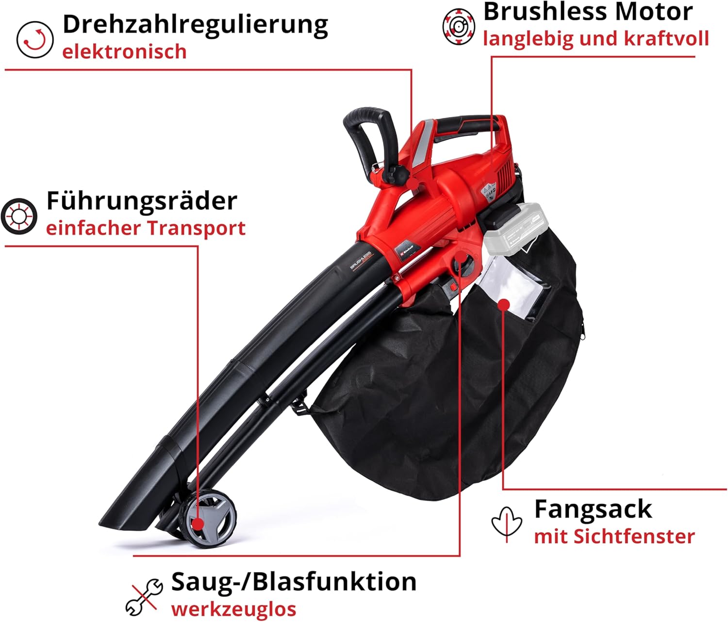 Einhell Akku-Laubsauger Laubblser GE-CL 36 Li E-Solo Power X-Change (Lithium-Ionen, 2 x 18 V, 210 km/h Luftgeschwindigkeit, bürstenloser Motor, 45 l-Fangsack, Tragegurt, ohne und Ladegert)