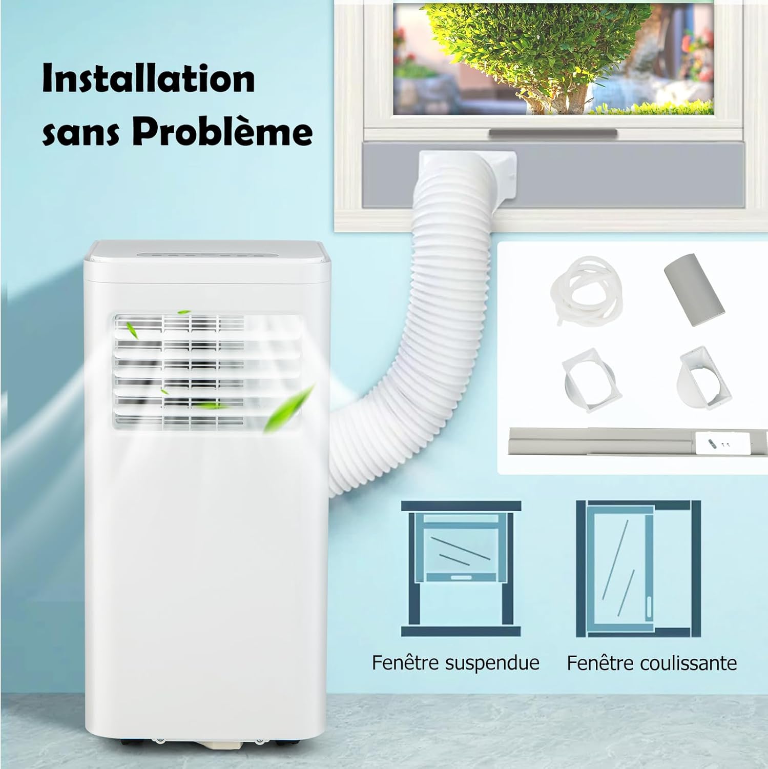 RELAX4LIFE Climatiseur Mobile Silencieux 9000BTU, Climatiseur Portable 4 en 1, Refroidisseur d'Air, Ventilateur, Déshumidificateur, Mode Nuit, 15-20㎡, Télécommande, Minuterie 24H, Classe Energie A