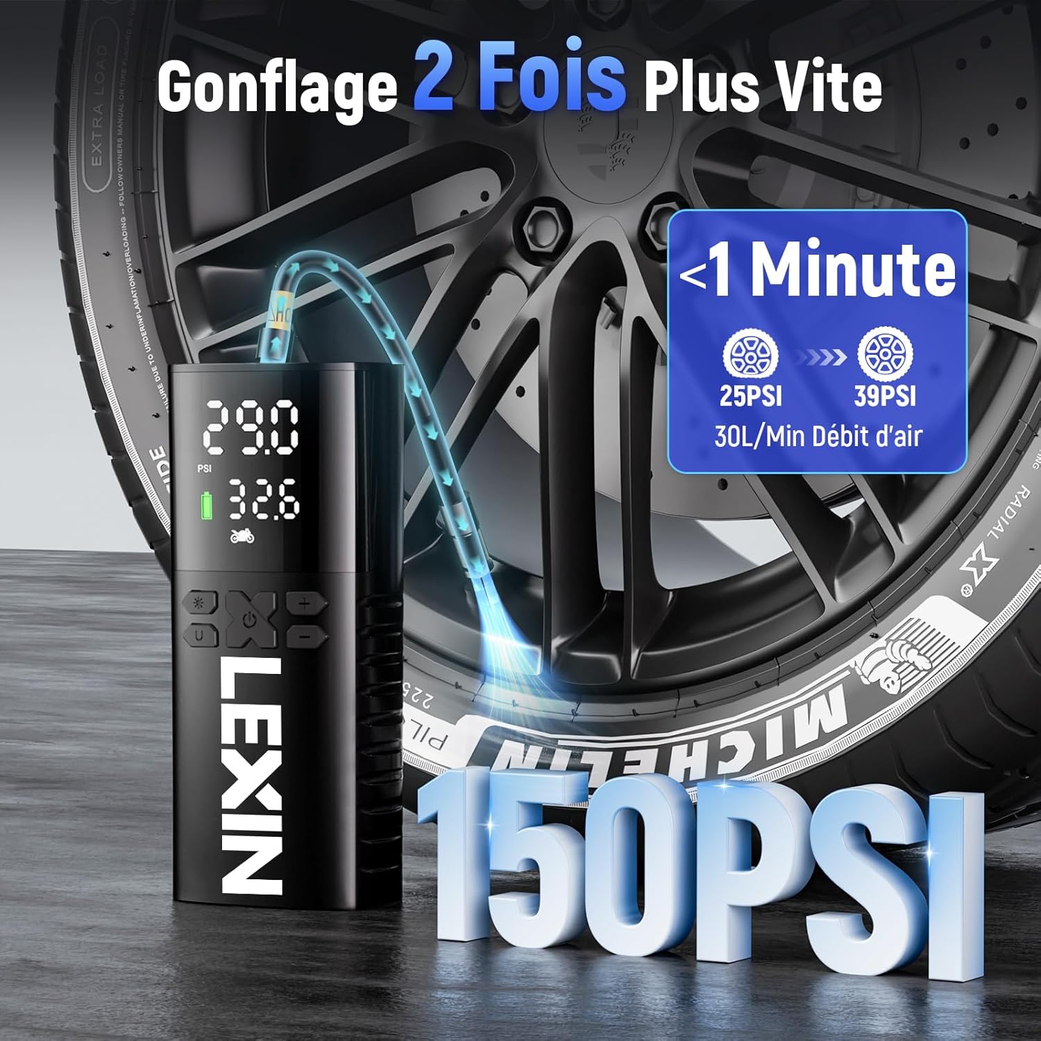 LEXIN P5 Compresseur d'Air Portatif 150PSI, Gonfleur Pneus sans Fil 5000mAh, Gonfleur lectrique l'cran LCD, Puissance Mobile, Pompe de Pneu avec Presta/Schrader pour Moto/Voiture/Vélo/Balle/Scoote