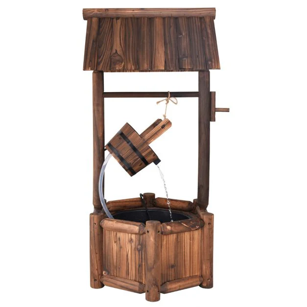 Puits en bois extérieur fontaine de jardin 60 x 57 x 115 cm avec pompe electrique débit 300 l/h tuyau transparent seau suspendu 20_0007378