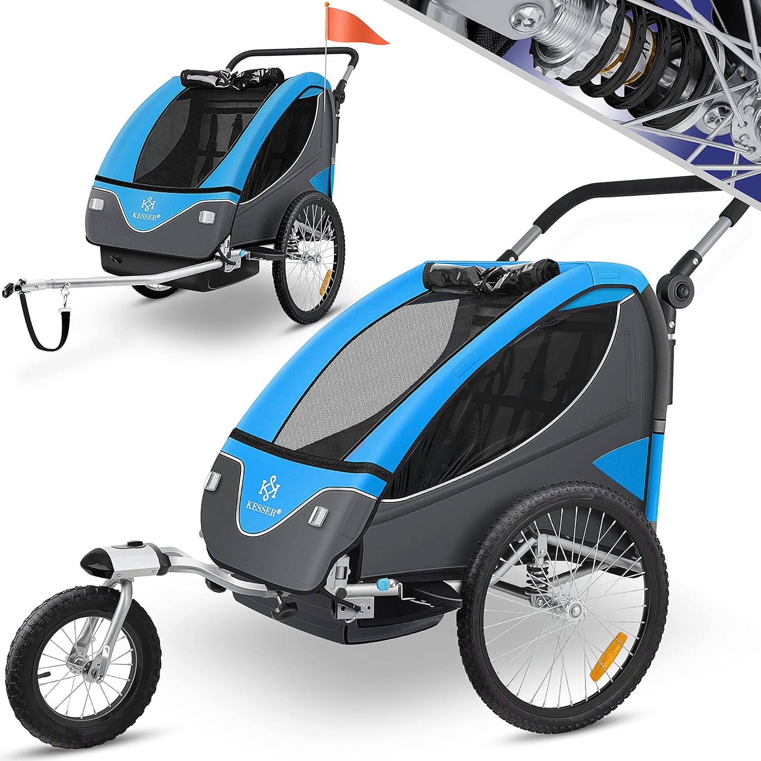 KESSER® Remorque de vélo pour enfant - Rotation à 360° - Avec suspension 2 en 1 - Fonction jogger - Remorque de vélo pour enfant - Sangle à 5 points - Pour 1 à 2 enfants - 40 kg