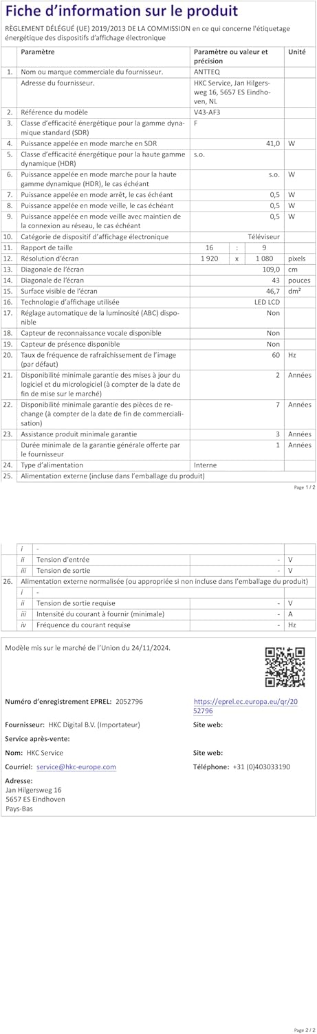 Antteq AB42D1 télévision 42 Pouces (TV 107 cm), Dolby Audio, LED, Triple Tuner DVB-C / T2 / S2, CI+, HDMI, Lecteur multimédia Via USB, Sortie Audio numérique, y Compris Mode hôtel