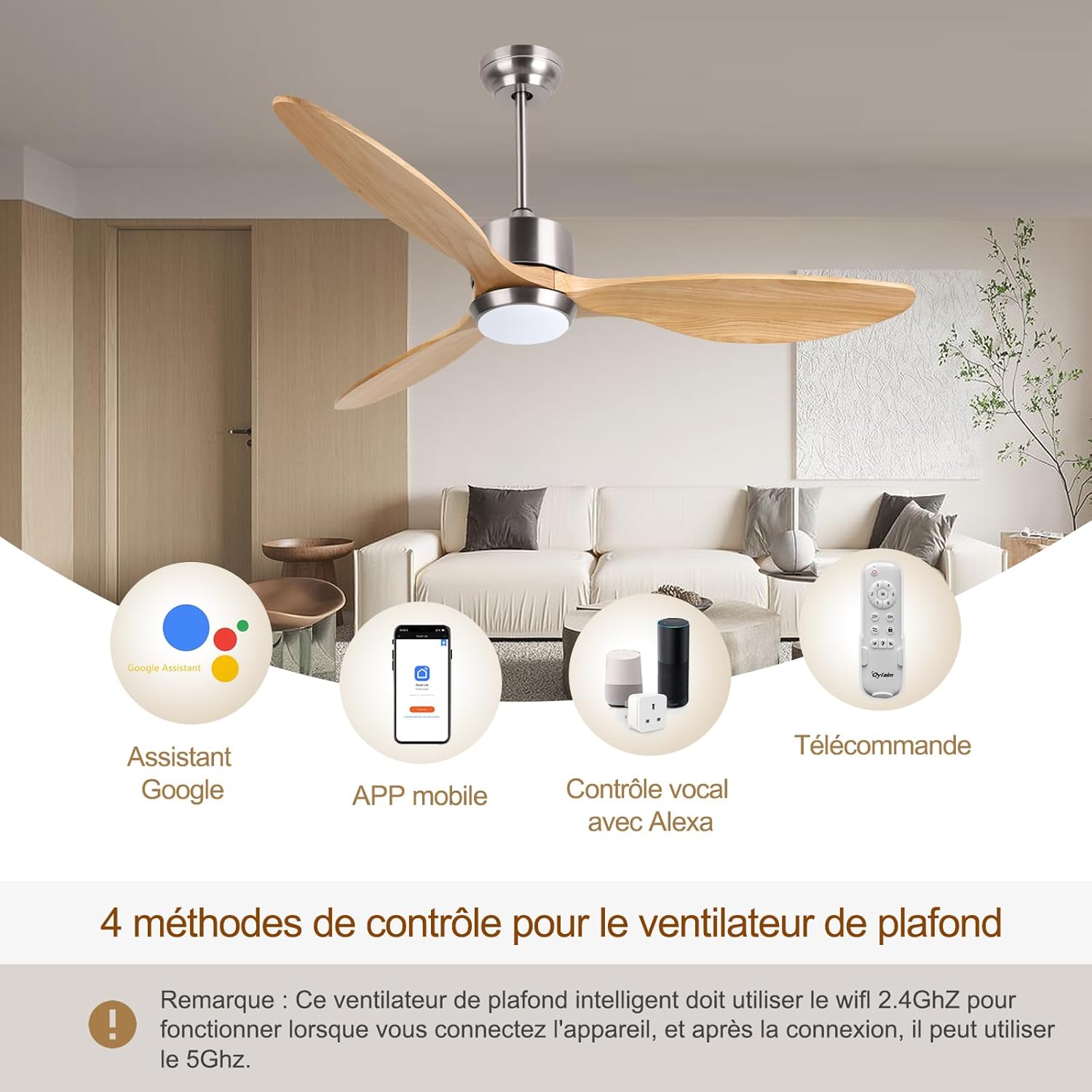 Ovlaim 132cm intérieur extérieur 3 pales hélice Smart ventilateur de plafond, Ventilateur de plafond en bois massif à moteur DC silencieux avect