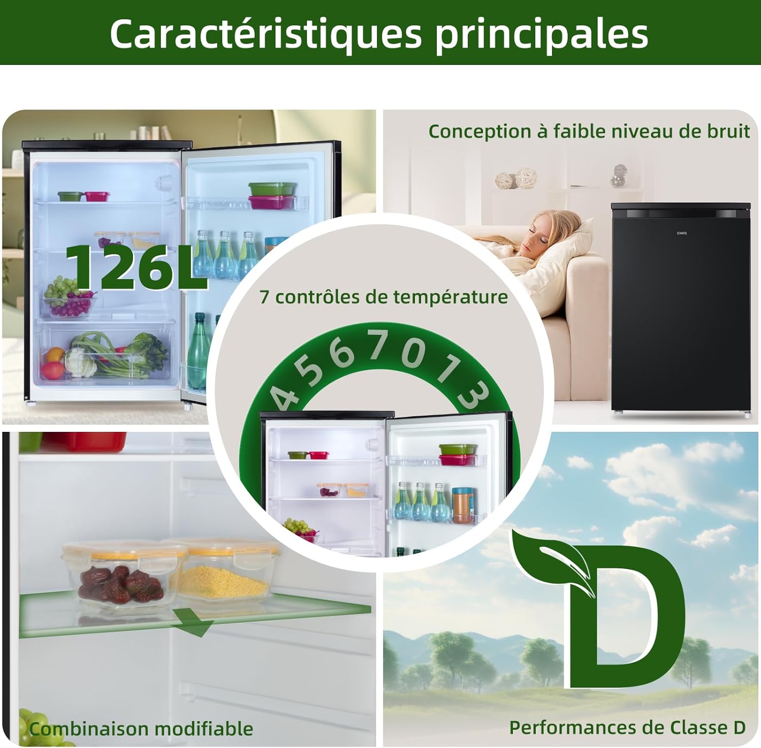 CHIQ Réfrigérateur vertical à une porte,126 L, encombremen 0,31 ㎡, Porte réversible, Tiroir à légumes, Étagères coulissantes, Faible niveau sonore 39 dB, Éclairage à DEL, Noir CSF120BE