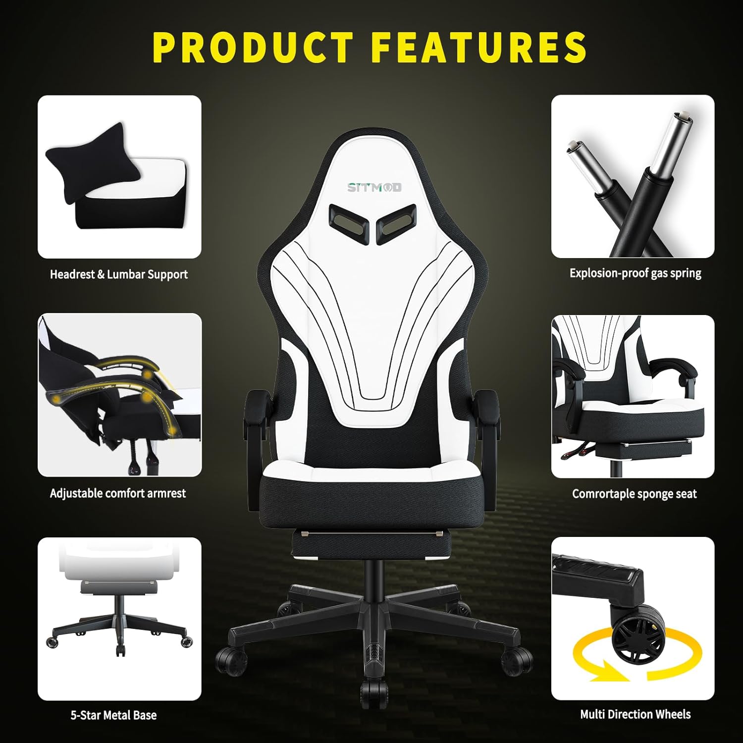Ulody Chaise Gaming Ergonomique, Fauteuil de Bureau Pivotant, Dossier Haut, Siege Gamer avec Appui-tête et Soutien Lombaire Ajustables, Chaise de Jeu avec Repose-Pieds(Gris)