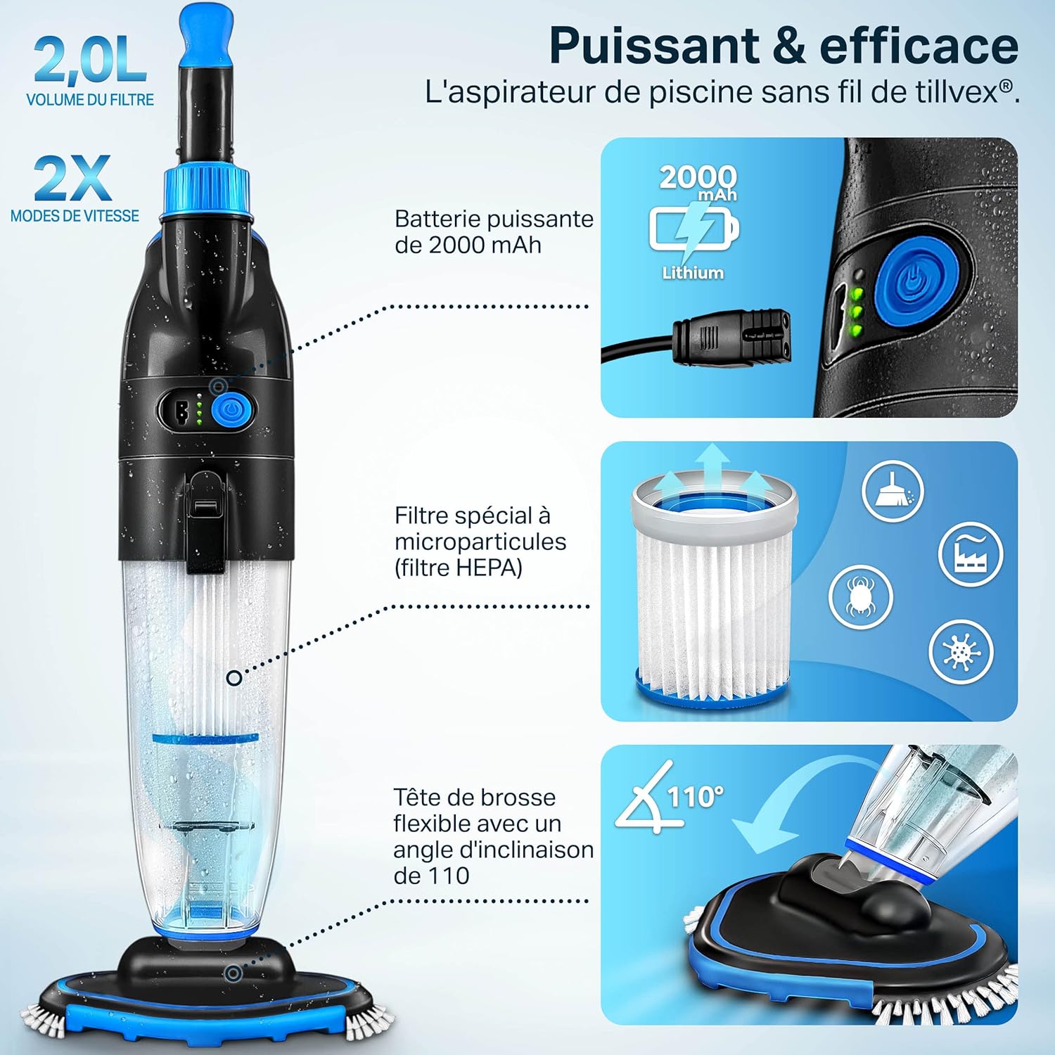 tillvex Aspirateur Électrique pour Piscines | Nettoyeur de Piscine sans Fil avec Manche Télescopique | Kit de Nettoyage avec Filtre & 2 Vitesses | Rechargeable