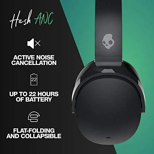 Skullcandy Hesh ANC Over-Ear Noise Cancelling Wireless Headphones with Charging Cable, 22 Hr Battery, Microphone, Works with iPhone Android and Bluetooth Devices - True Black