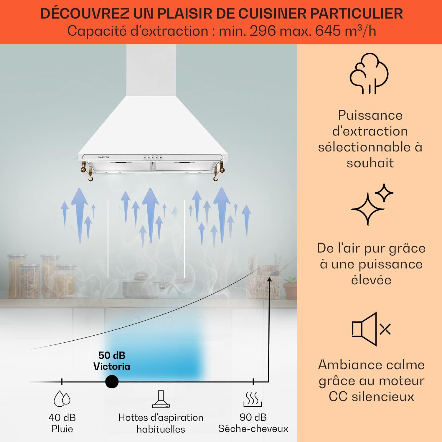 Klarstein Hotte Aspirante 90 cm, Hottes de Cuisine avec Filtre de Hotte en Aluminium, Débit d'Air Puissant de 645m³/h, Eclairage LED, Extracteur d'Air Silencieux, Hotte Efficace avec Evacuation
