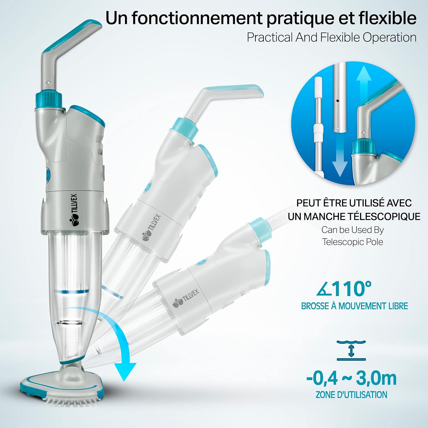 tillvex Aspirateur Électrique pour Piscines | Nettoyeur de Piscine sans Fil avec Manche Télescopique | Kit de Nettoyage avec Filtre & 2 Vitesses | Rechargeable