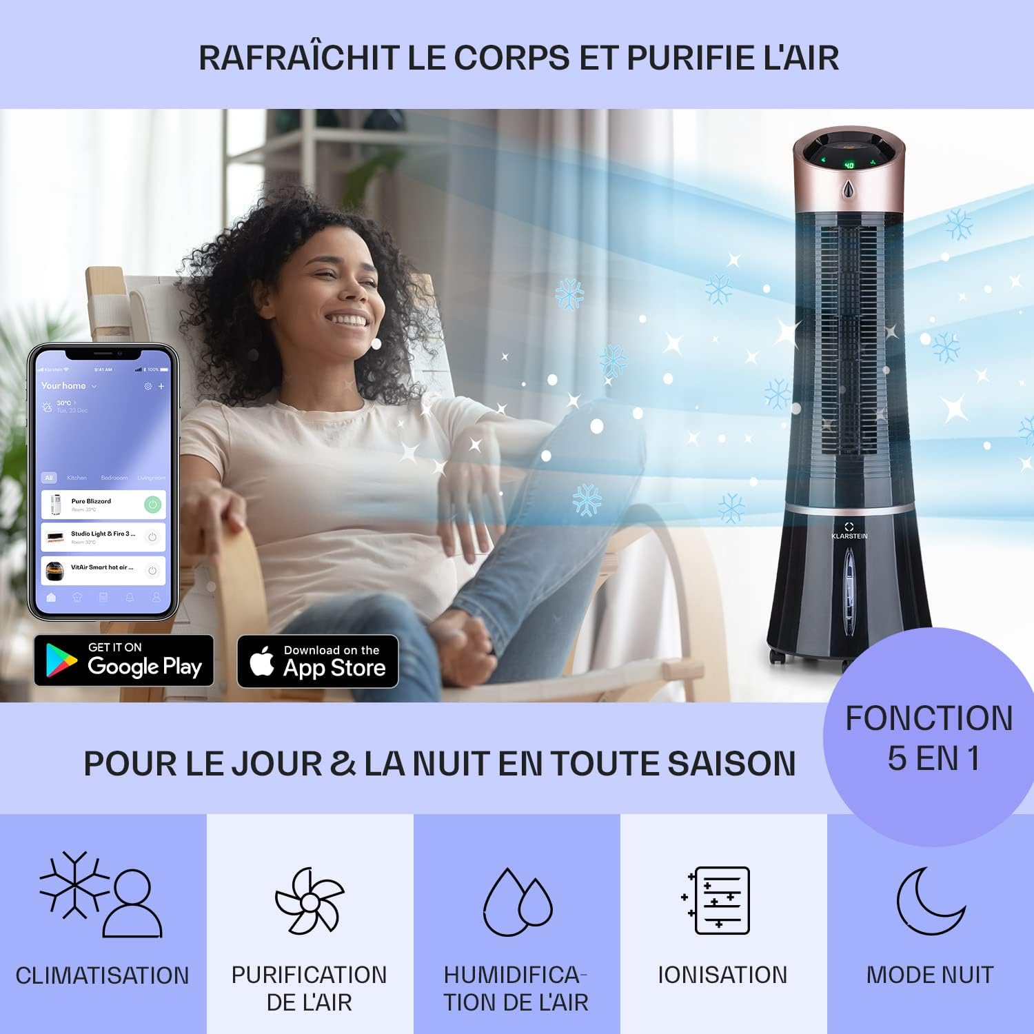 Klarstein Rafraichisseur d'Air Mobile 5 en 1, par Evaporation avec Humidificateur, Ventilateur, Ioniseur, Climatiseur Mobile Sans Évacuation, Mode Nuit, 45W, Débit d'Air de 180m³/h