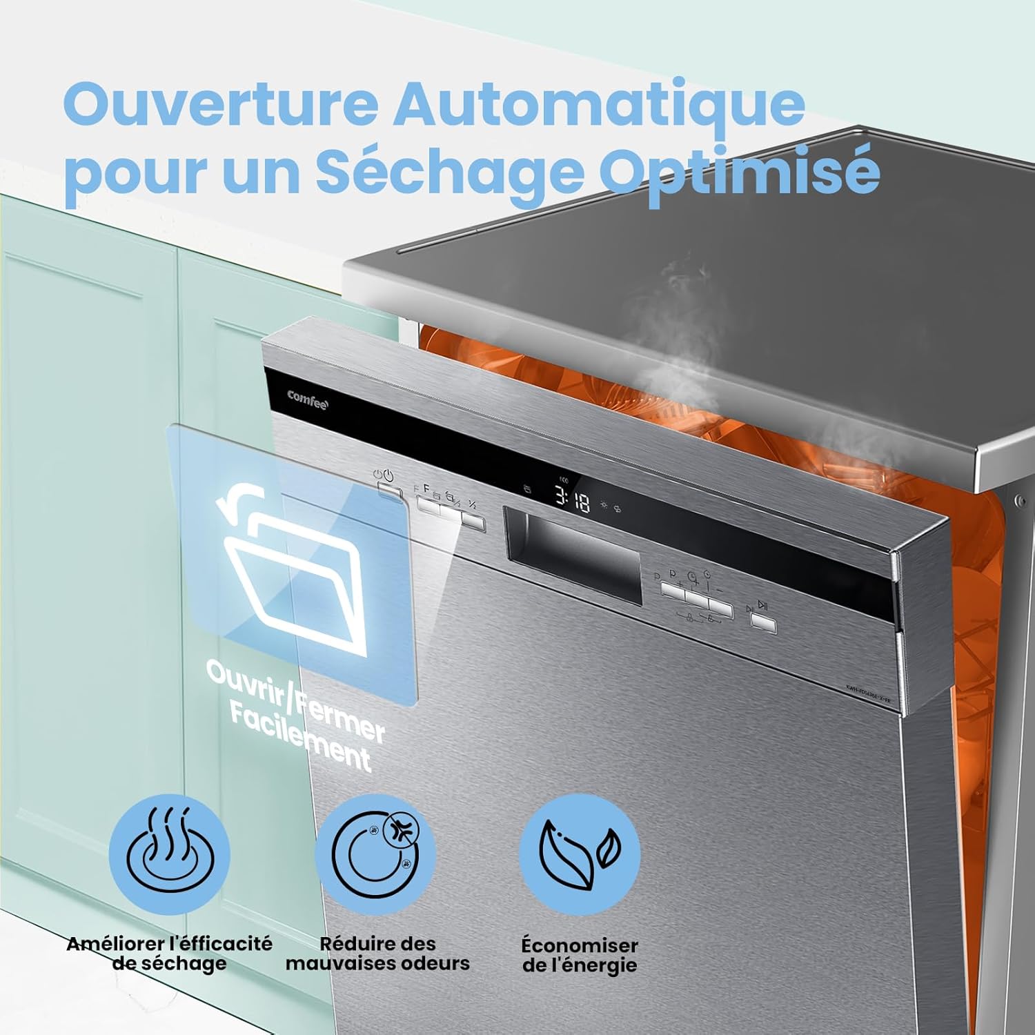 COMFEE' CDWPF1201PS Lave-vaisselle Pose Libre, 60 cm, 12 couverts, départ différé, fonction demi-charge, paniers flexibles - Acier Inoxydable, 49 dB, Commande Bouton