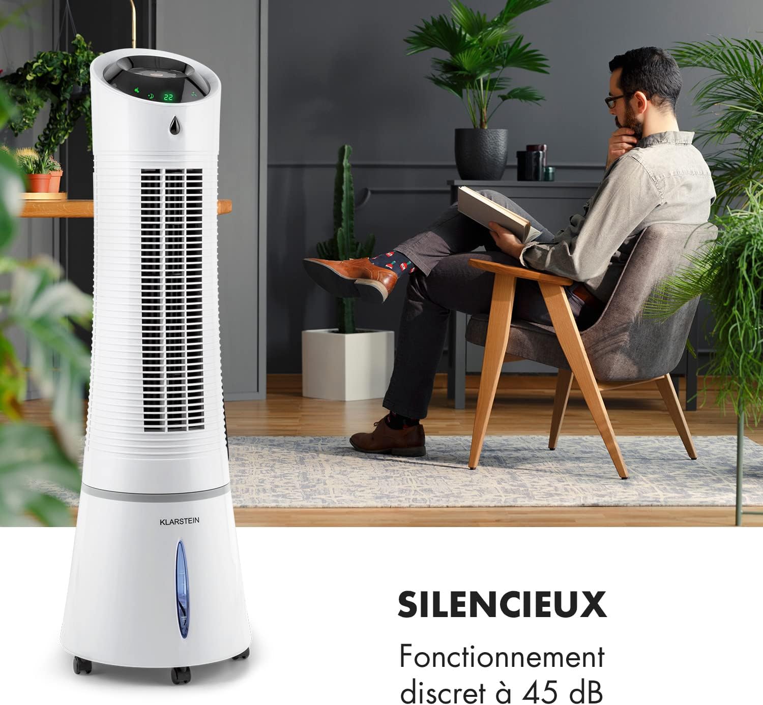Klarstein Rafraichisseur d'Air Mobile 5 en 1, par Evaporation avec Humidificateur, Ventilateur, Ioniseur, Climatiseur Mobile Sans Évacuation, Mode Nuit, 45W, Débit d'Air de 180m³/h