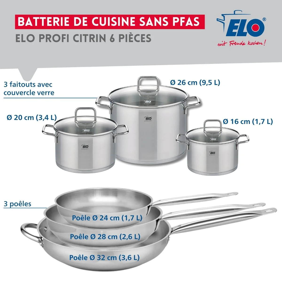 Ensemble de 3 Poêles de cuisson 24, 28 et 32 cm et 3 faitouts 16, 20 et 26 cm Elo Profi Citrin Elo