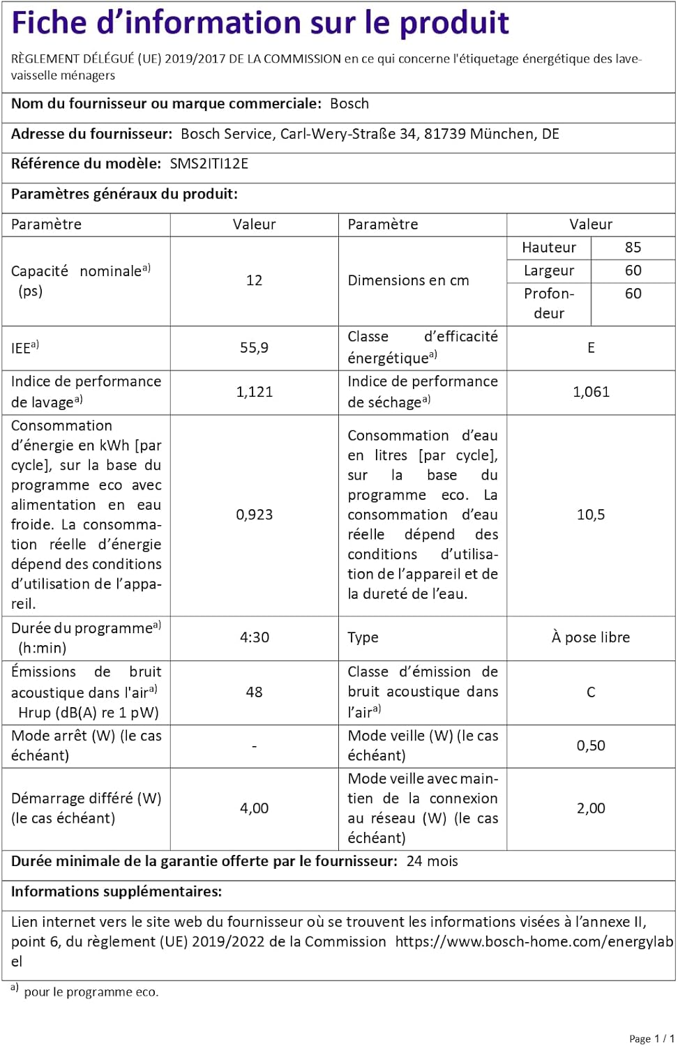 Bosch SMS2ITI12E - Série 2, Lave-vaisselle pose libre - 60cm - Home Connect - 12 couverts - Moteur EcoSilence - Inox
