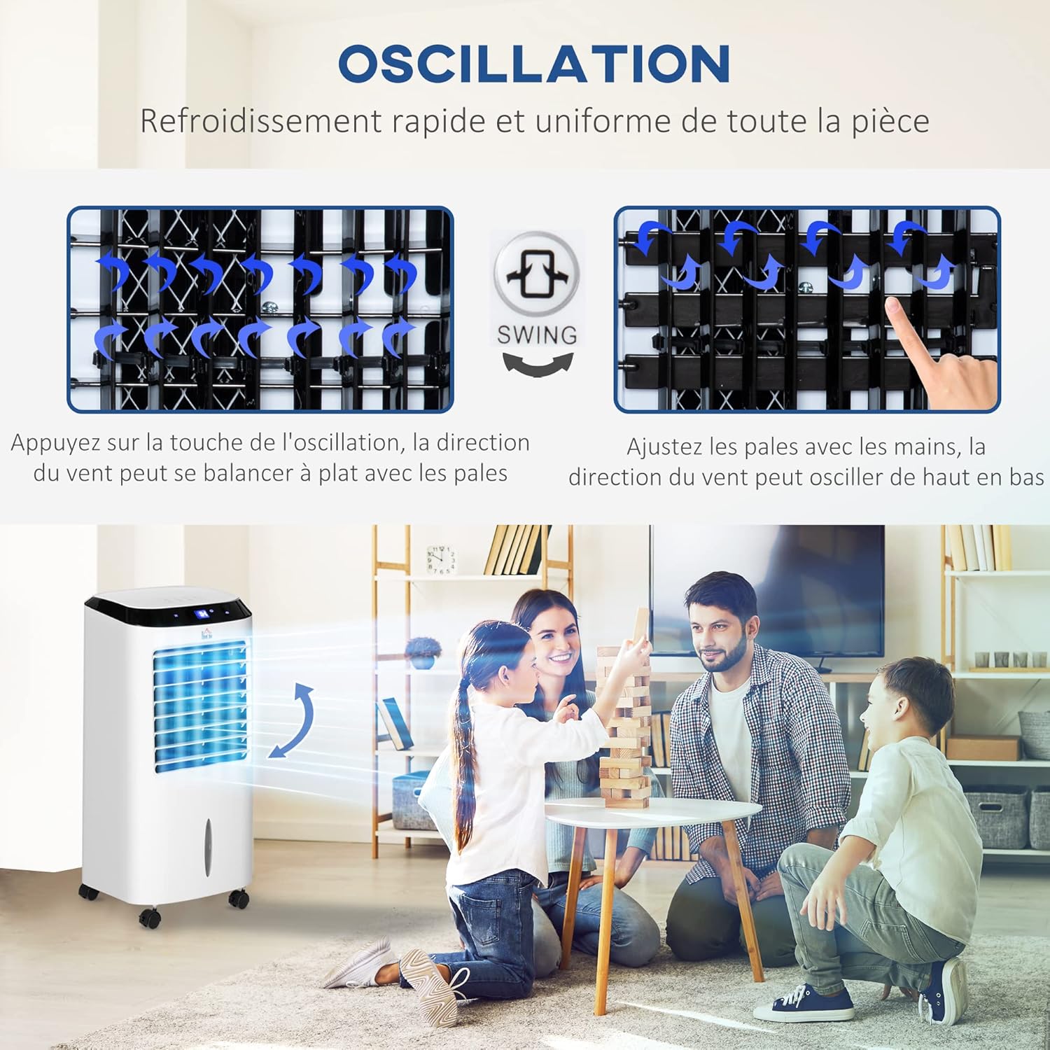 HOMCOM Climatiseur rafraîchisseur d'air mobile ventilateur ioniseur 4 en 1 avec télécommande - portable silencieux oscillant 60W - capacité max. réservoir 10L - idéal pièces 20 m² max. - blanc noir