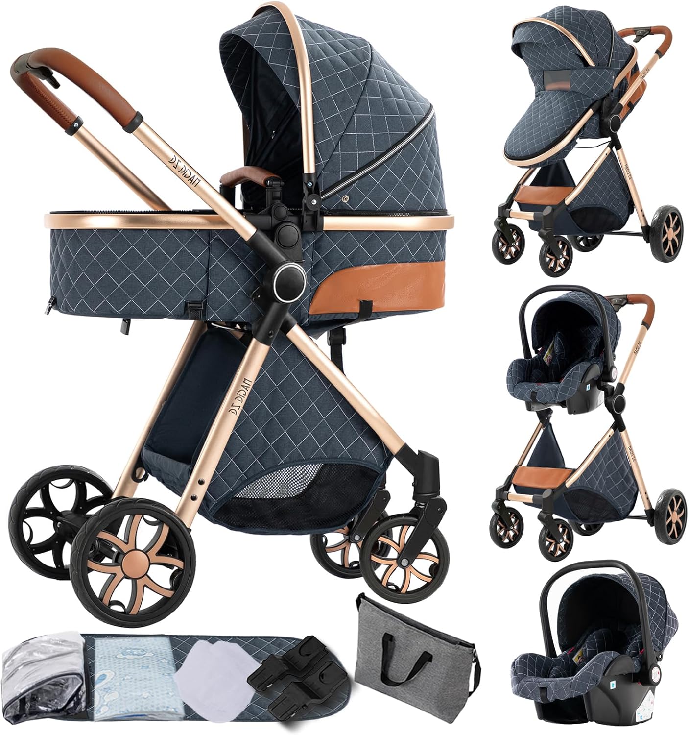 Magic ZC Poussette 3 en 1, Poussette Bebe avec Conception Portable Pliable en Un Clic, Pousette 3 en 1 avec Poussée Réversible Bidirectionnelle, Poussette Trio avec Accessoires (black gold 588)