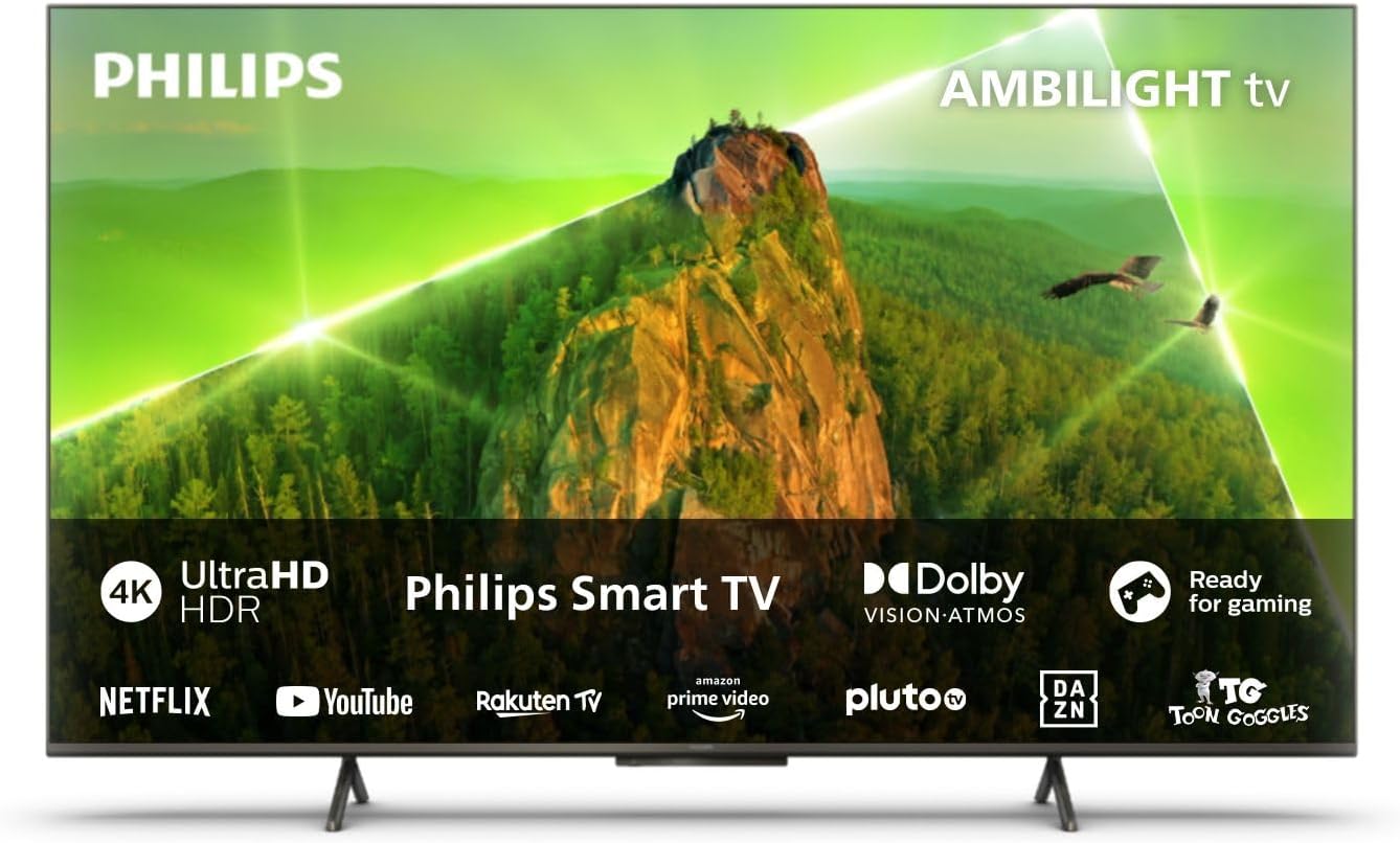 Philips Ambilight 43PUS8109 Smart TV LED 4K - Écran 43 Pouces avec Plate-Forme Pixel Precise Ultra HD, Titan OS et Son Dolby Atmos, Fonctionne avec l’Assistant Vocal Alexa et Google - Chrome satiné
