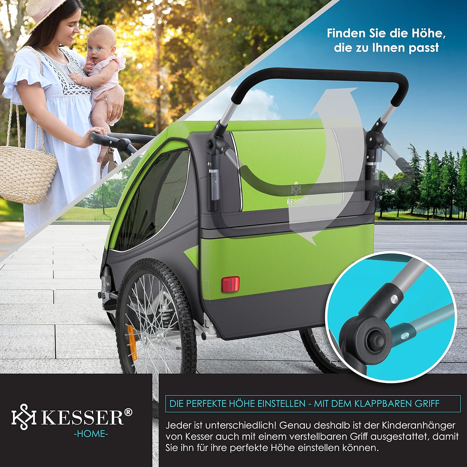 KESSER® Remorque de vélo pour enfant - Rotation à 360° - Avec suspension 2 en 1 - Fonction jogger - Remorque de vélo pour enfant - Sangle à 5 points - Pour 1 à 2 enfants - 40 kg