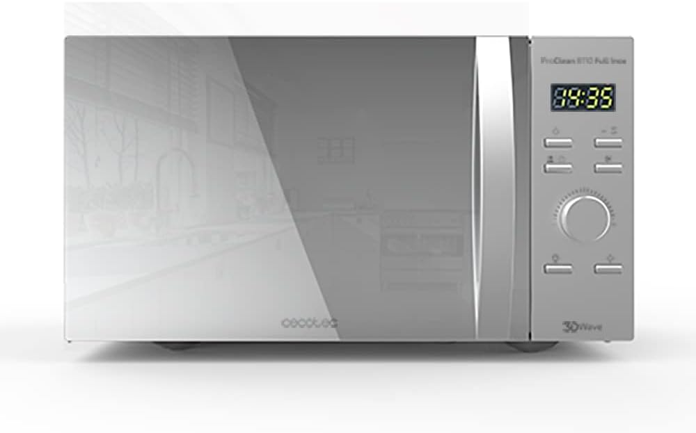 Cecotec Four à micro-ondes ProClean 9110 FullINOX avec grill 1000 W, 30 litres, 5 niveaux de puissance, 8 programmes, minuterie de 60 minutes, revêtement Ready2Clean, design avant miroir