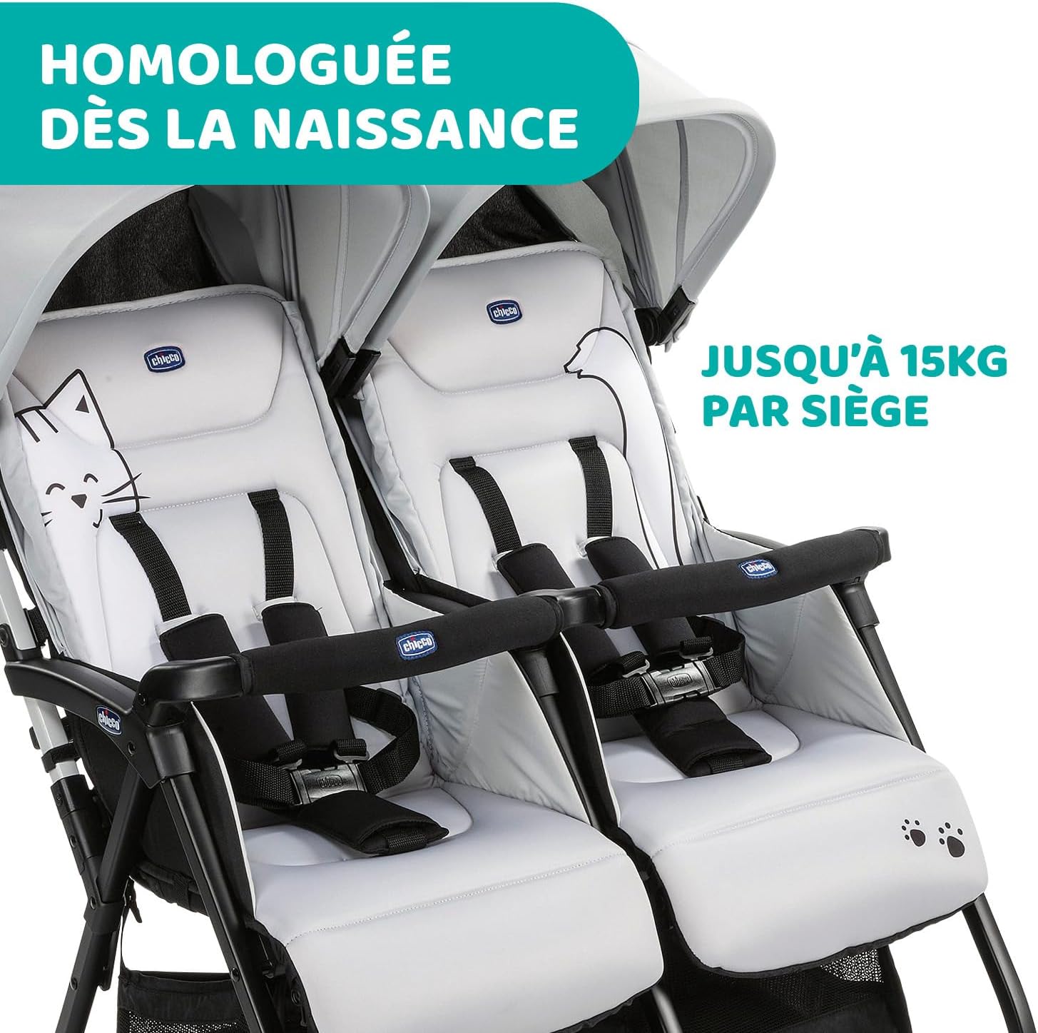 Chicco OHlalà Poussette Canne Double, Légère Inclinable et Pliable, Poussette pour Jumeaux de la Naissance à 15 kg, Fermeture Compacte, Inclus une Housse de Pluie, Capote Extensible - black night