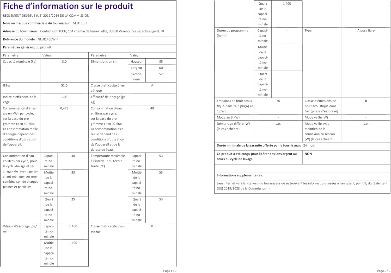 Lave-linge frontal GEDTECH GLL71200WH - 7 Kgs - 1400 tr/mn - 16 programmes - Eco - Intensif - Rapide – Très Faible conso