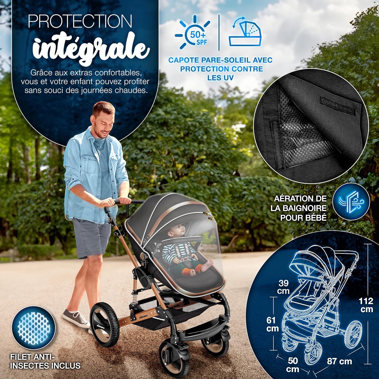 KIDUKU® Poussette Combinée 3 en 1 | Trio pour Enfants | Siége Auto Légère, Piable | Nacelle Souple Convertible | Set de Voyage (Noir/Champagne)