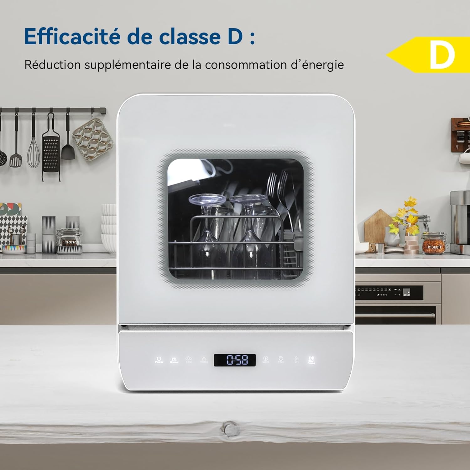 YU YUSING Mini Lave-vaisselle Compact 45cm avec 6 Programmes 4 Couverts, Petit Lave-vaisselle Sans ou Avec Arrivée d'Eau, Portable, Réservoir d'Eau 5L, Commande Tactile, Écran LED