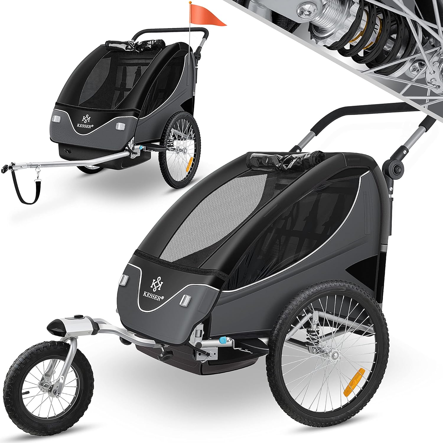 KESSER® Remorque de vélo pour enfant - Rotation à 360° - Avec suspension 2 en 1 - Fonction jogger - Remorque de vélo pour enfant - Sangle à 5 points - Pour 1 à 2 enfants - 40 kg