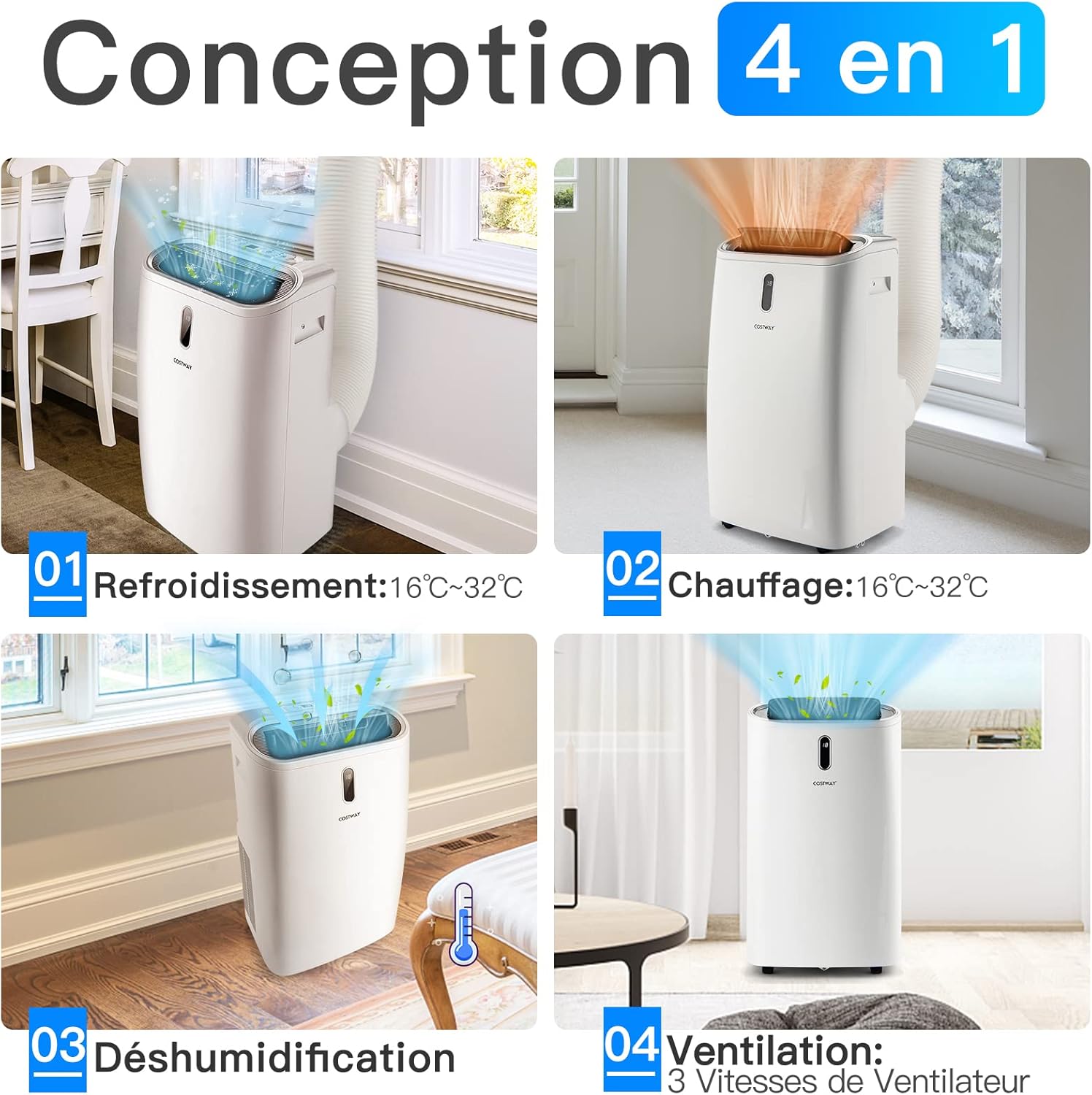 COSTWAY Climatiseur Mobile Silencieux 16000BTU, 5 EN 1,Refroidissement,Chauffage,Ventilateur,Déshumidificateur,Mode Nuit,Climatisation Rapide,Clim Mobile