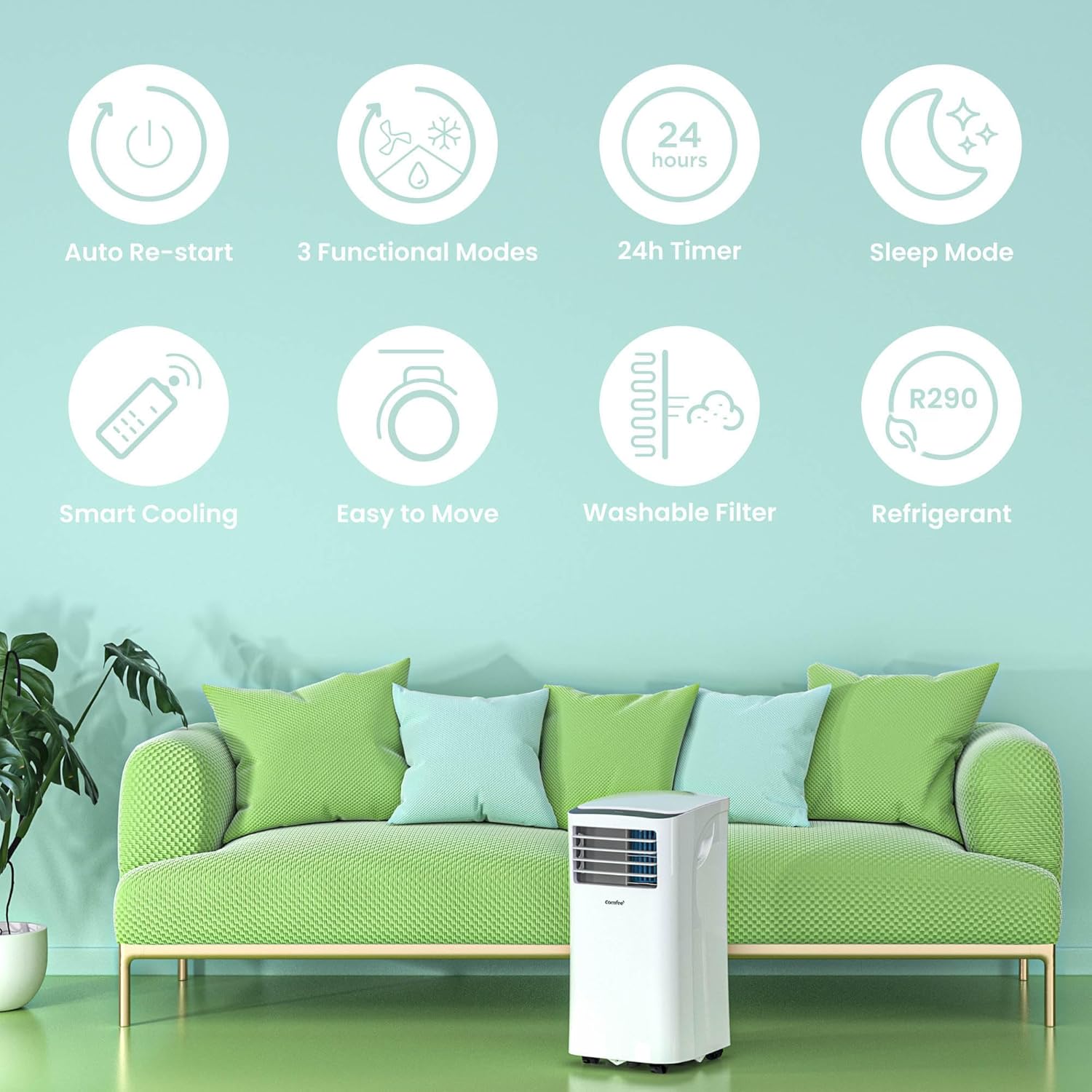 COMFEE' Climatiseur Mobile 9000 BTU/h 2,6kW, Contrôle APP, 3 Modes, 3 Vitesses de ventilation, Dimensions compactes, Pour pièces de 33㎡, Breezy Cool 2.6, Fonctionne avec Alexa