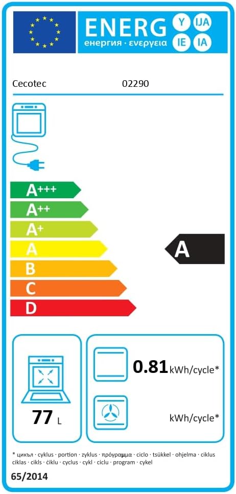 Cecotec Four encastrable Bolero Hexa C136000 Glass Black Time A 2800 W, capacité de 77 L, 4 fonctions, Minuterie, Nettoyage à la vapeur, Cuisson à la vapeur. Classe Énergétique A, Lumière intérieure