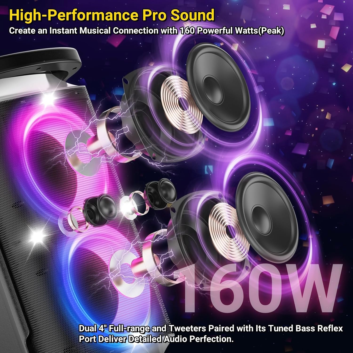 TPBEAT Enceinte Bluetooth Puissante, 160W Partybox, Loud Son- Super Bass, Grosse Party Haut Parleur Bluetooth de lumière LED, Charge Rapide, MIC& Guitare IN,TF,U-Disk, AUX, EQ, pour Party, Extérieur