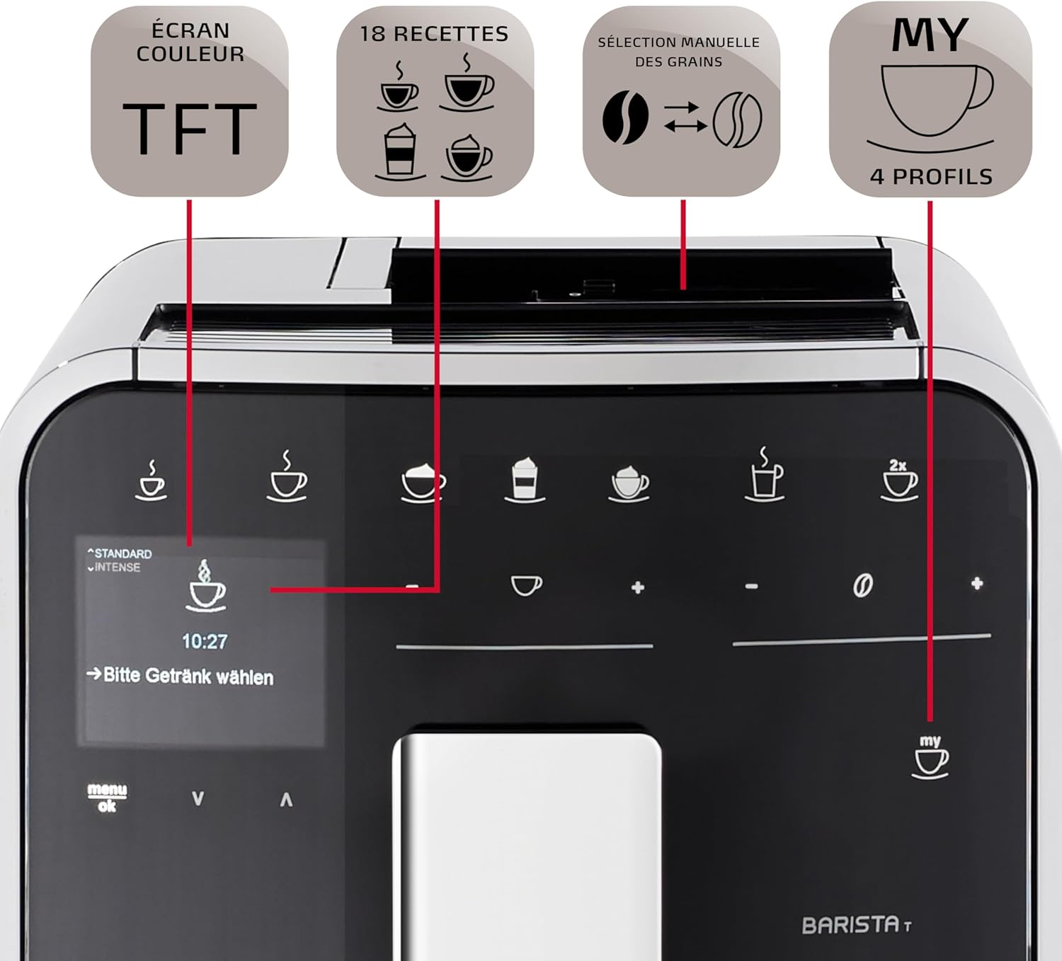 Melitta Barista T Smart Argent, Machine à Café à Grain avec Broyeur, Connectée, Système One Touch, Double bac à grains, 18 spécialités, Mode 1 à 2 Tasses, Écran Couleur TFT, F831-101