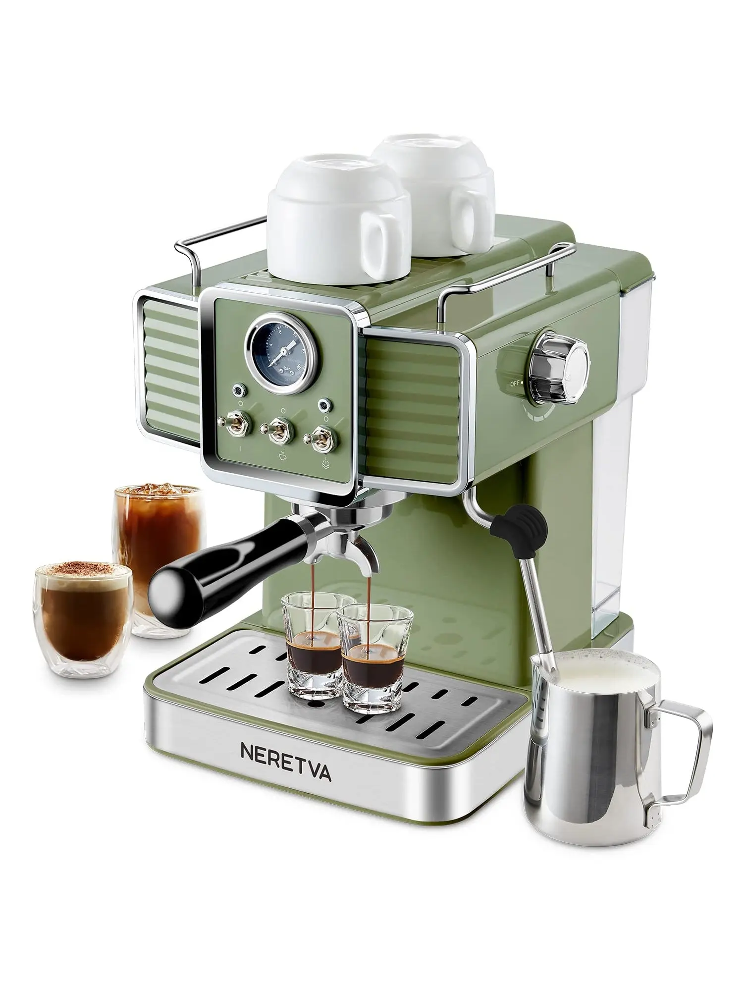 Neretva Espresso Coffee Machine 15 Bar Espresso Maker with Milk Frother Steam Wand Cappuccino, Latte for Home Barista, 1.6L Removable Water Tank