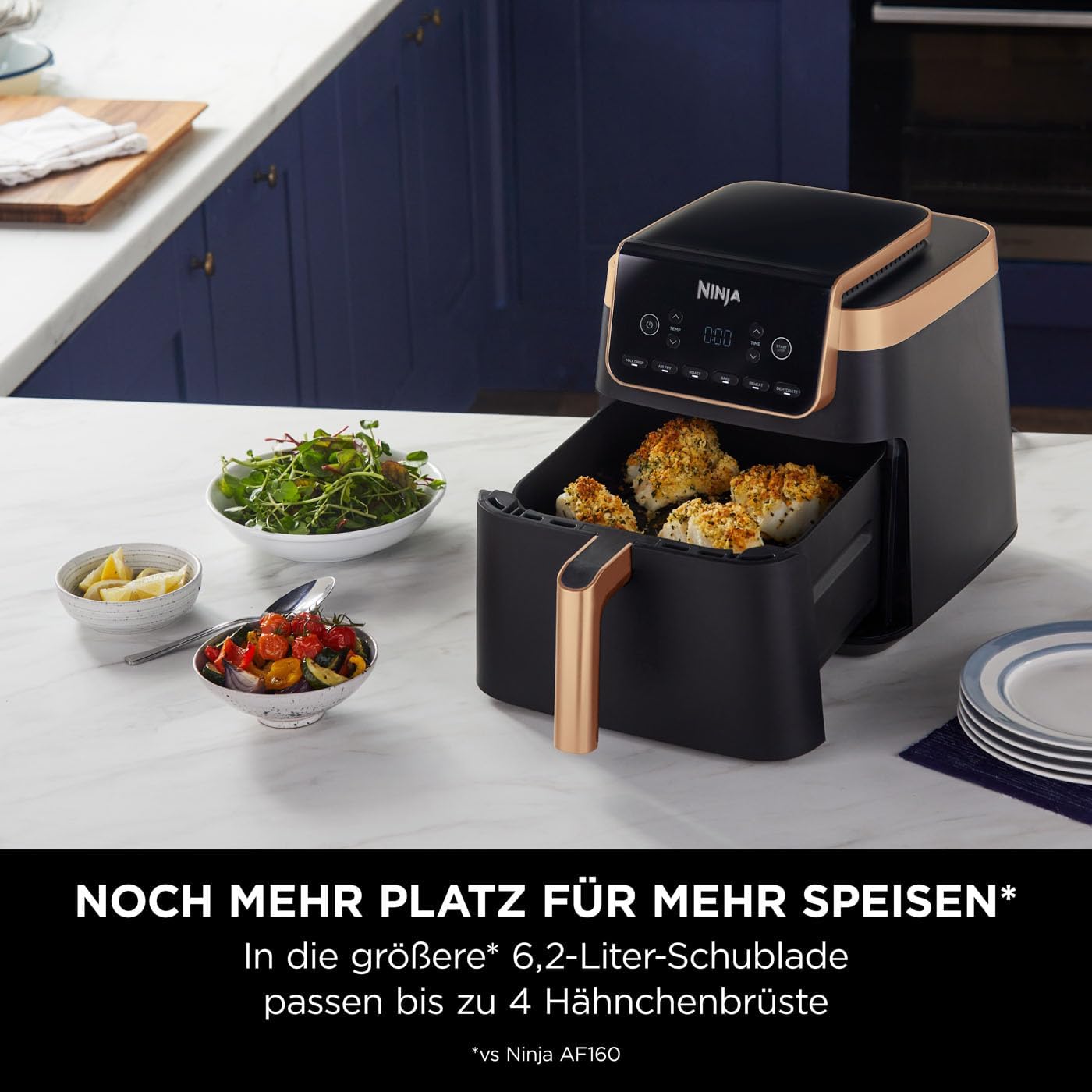 Ninja Foodi FlexDrawer Dual Zone Heißluftfritteuse, Airfryer mit 10,4-Fach und herausnehmbarem Trenner, Antihaftbeschichtung, spülmaschinenfester Korb, 7-in-1, Schwarz & Kupfer, AF500EUCP